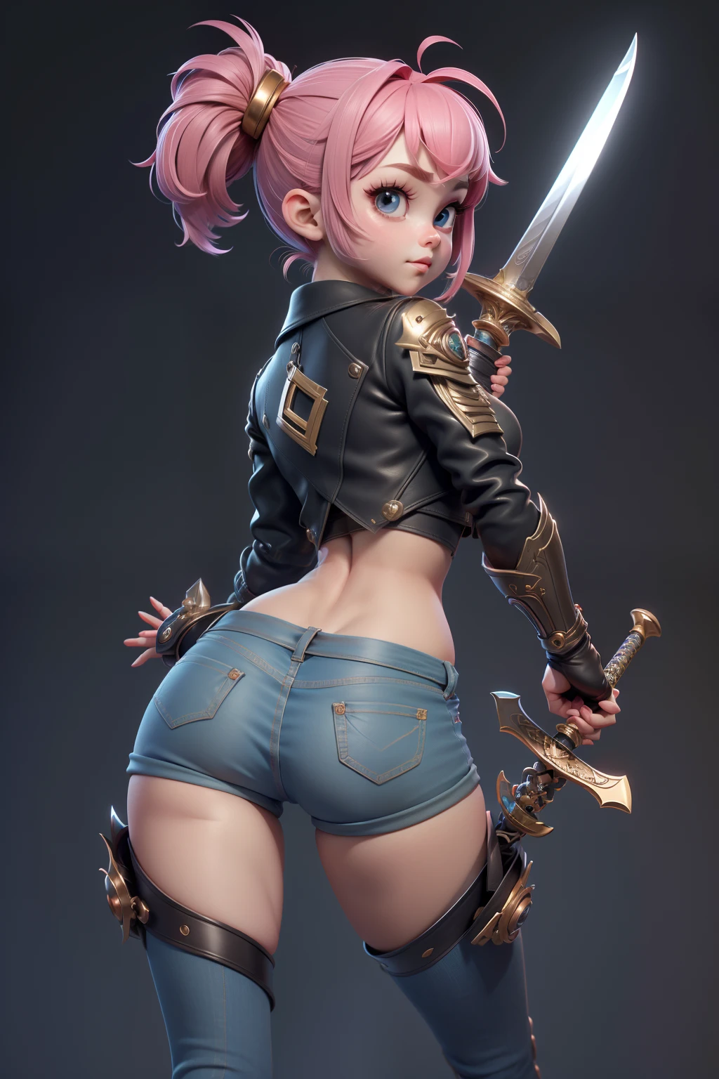 Mini sakura, (Sakura), menina solo, ray tracing, Estilo 3D, 3DMM, ((3 poses por foto)), ((3 poses em cada foto)), corpo inteiro,(Front view),(back vision), (view on the left),shorts na cintura, mostrar barriga lisa, (((3 poses por foto))),(seios muito grandes), barriga perfeita, olhos perfeitos e simetricos, (perfect hands), (short jeans curto), corpo inteiro, thigh-high boots, ((Futuristic sword in hand)), ((Cabelos Longos))