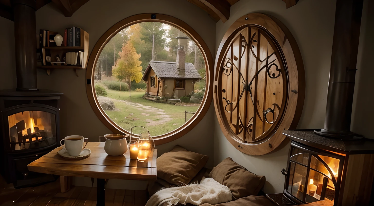 a cozy hobbit house, with two side fireplace , there's a table with coffee and a cup of coffee and candles, bookshelf in wall, in a autumn rainy day out