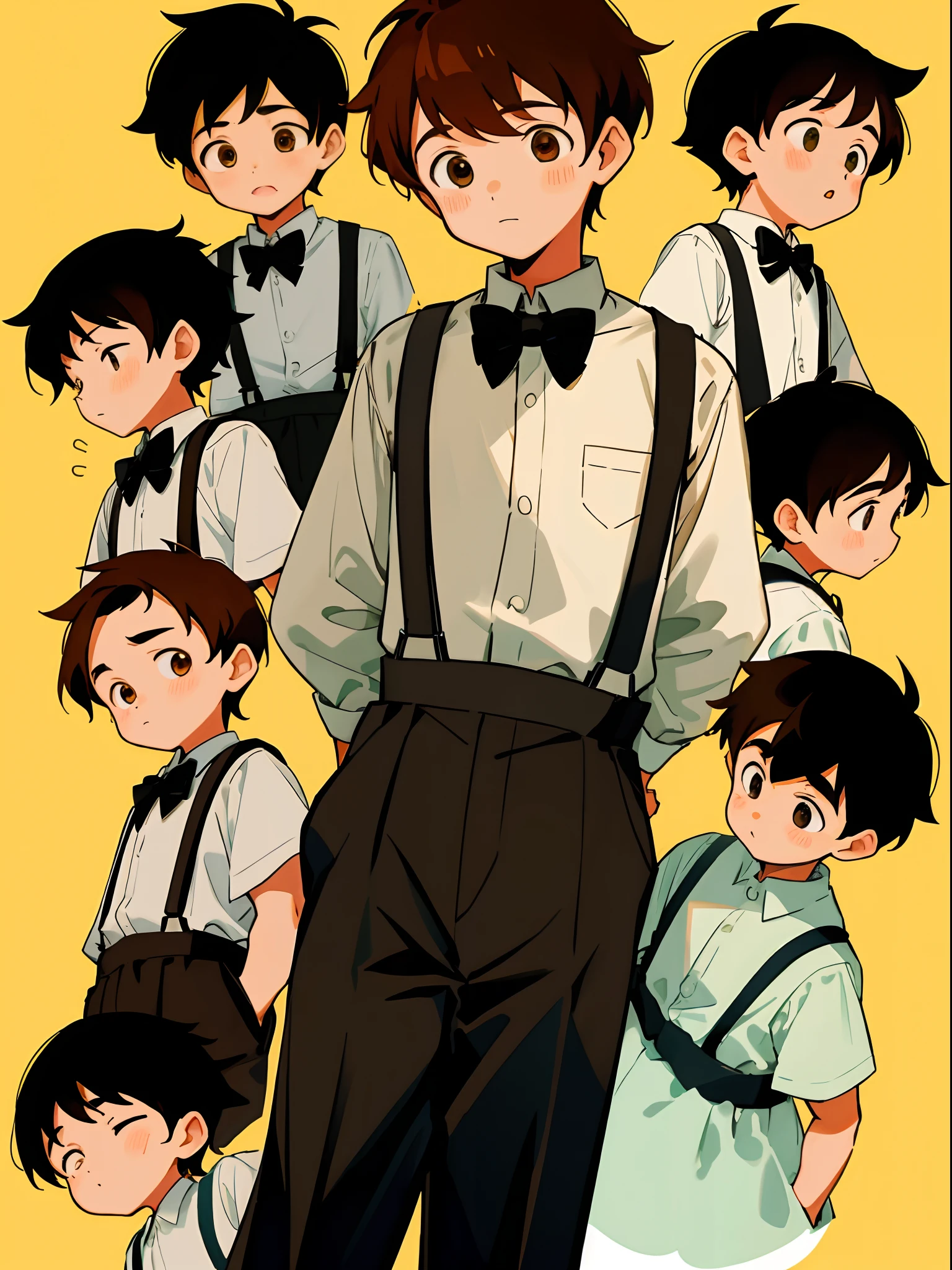 younge boy,multiple postures and expressions,Children's book illustration style,، simple,adolable,full-color,Black suspenders,Reddish-brown hair,flatcolors,