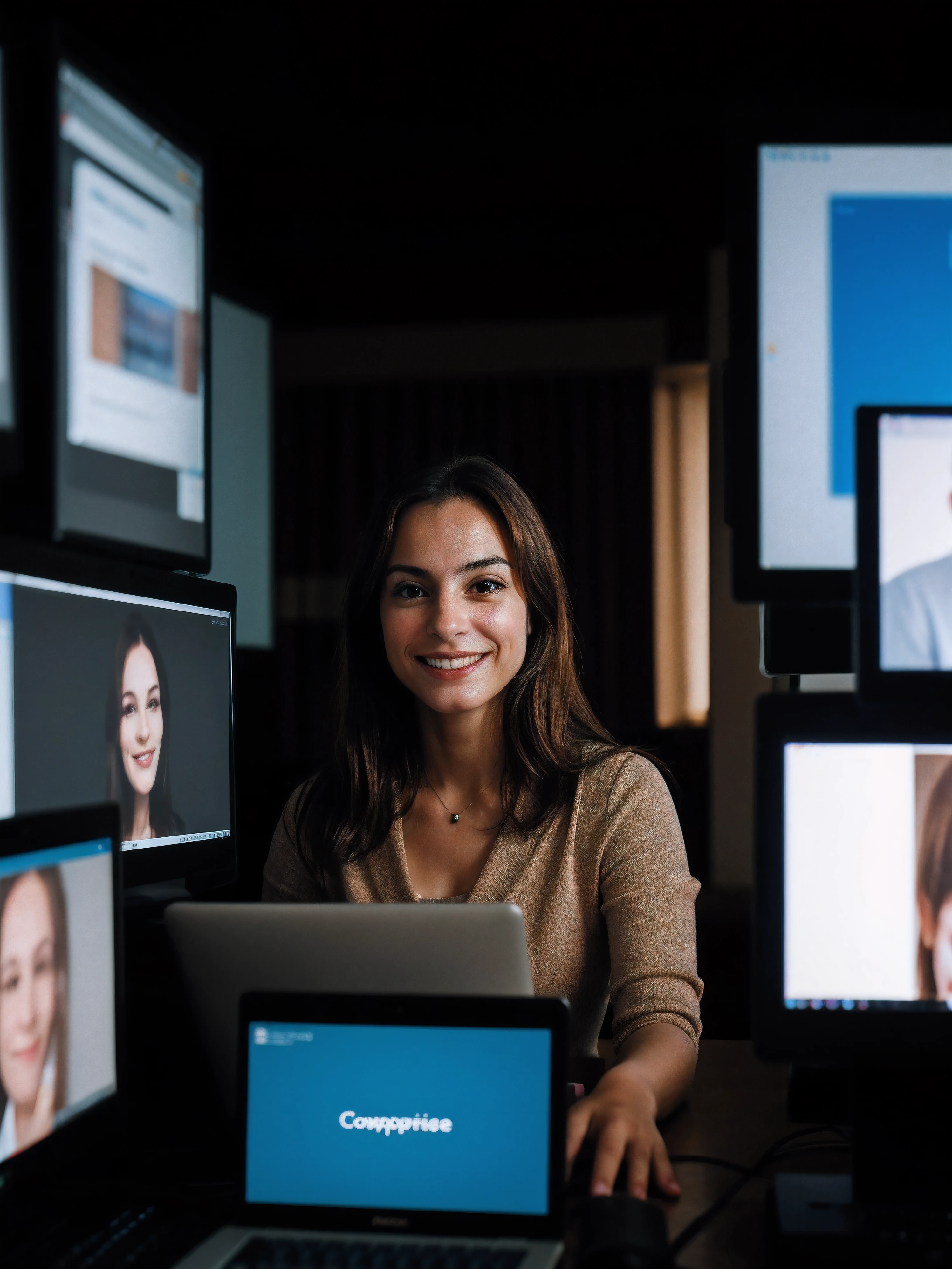A female social worker plays in a room surrounded by computer screens, Photos are of high quality, Blurry, (Smiling:0.5), (Soft lighting, highdetailskin:1.1)