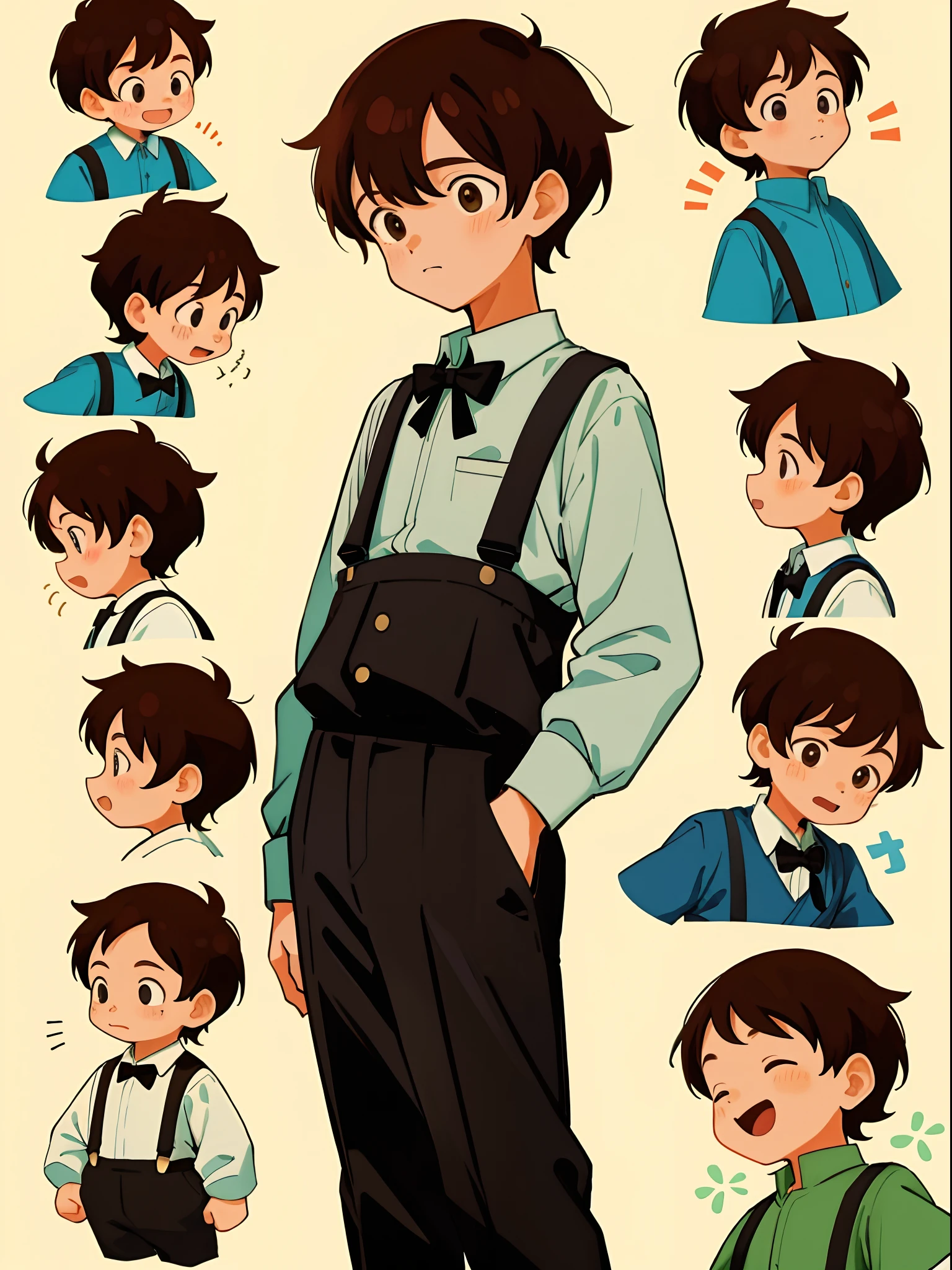 younge boy，multiple postures and expressions，Children's book illustration style，، simple，adolable，full-color，Black suspenders，Reddish-brown hair，flatcolors，