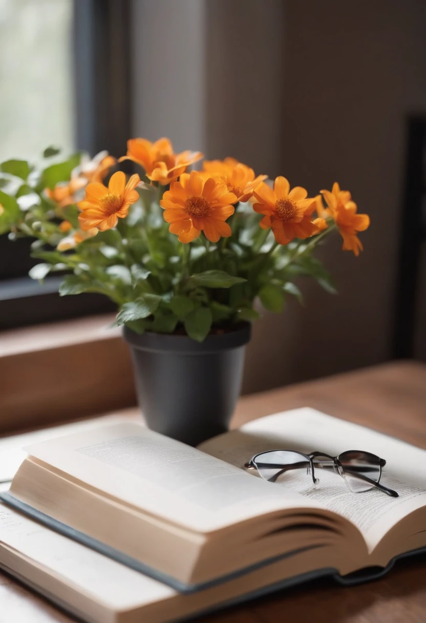 table, iphone, small flower pot, book