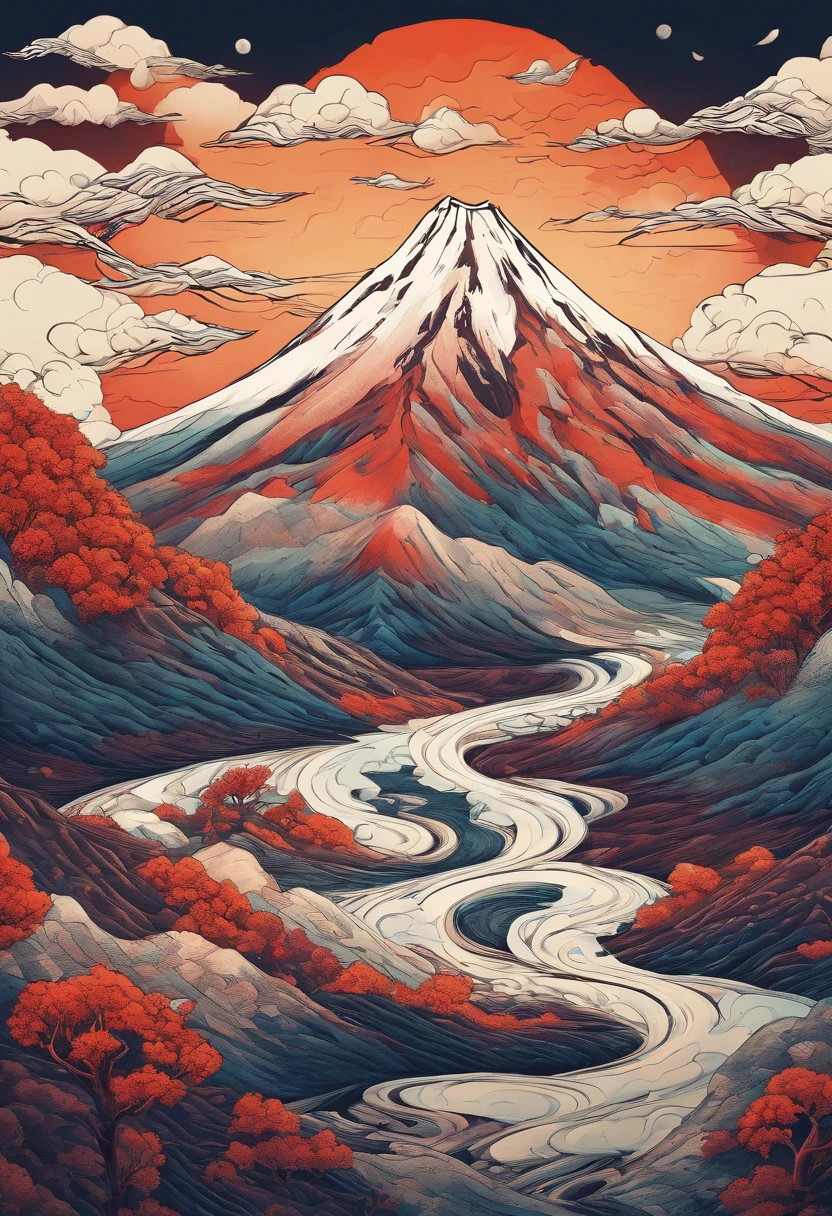 Katsushika Hokusai,Close-up shot,Aerial view,dramatic light,erupting lava,Dante's Peak,volcano