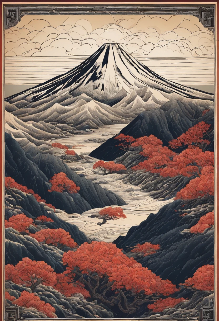 Katsushika Hokusai,Close-up shot,Aerial view,dramatic light,erupting lava,Dante's Peak,volcano