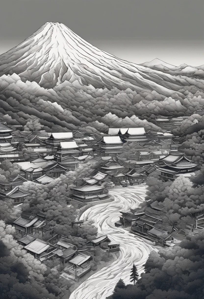 Katsushika Hokusai,Close-up shot,Aerial view,dramatic light,erupting lava,Dante's Peak,volcano
