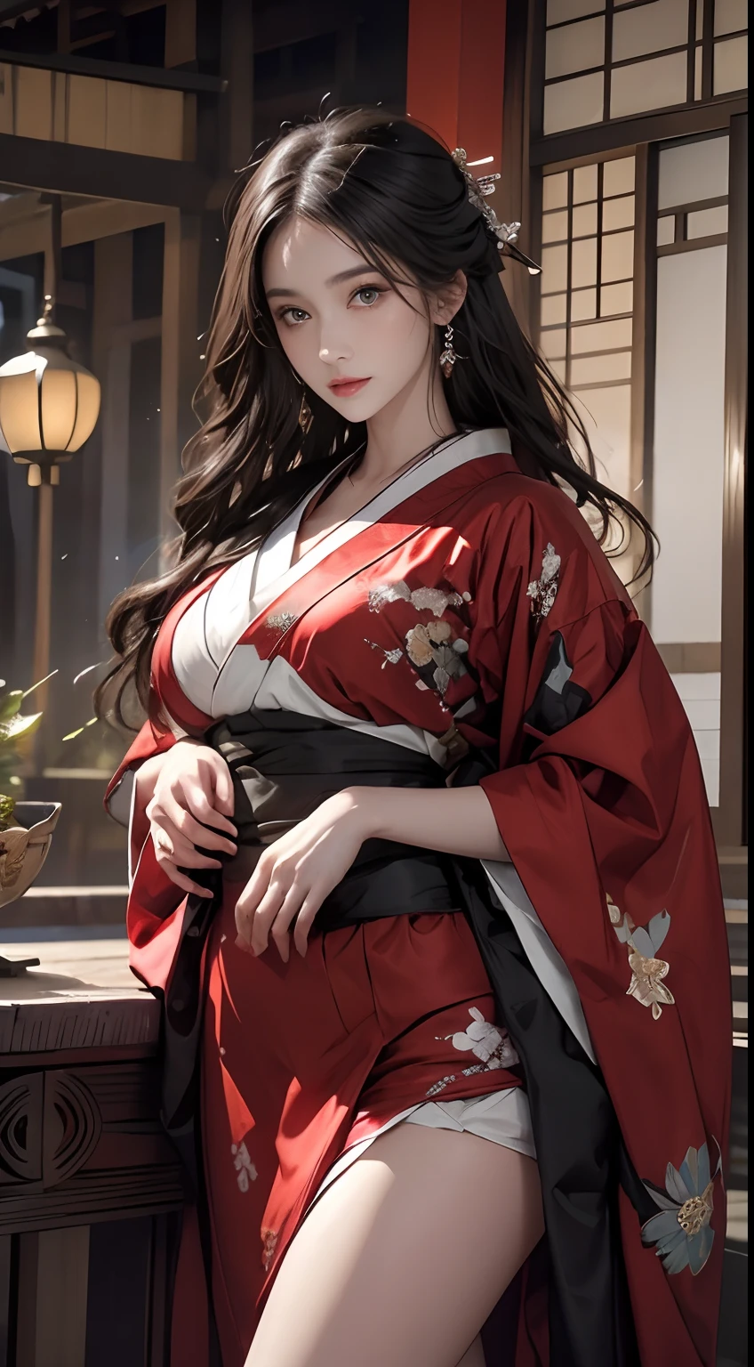 (best quality, 8k, masterpiece: 1.3), ((((((extremely giant breasts: 0.8))))), single ponytail, (beautiful face:1.3), Cherry blossoms are in full bloom, full of cherry blossoms, Floating cherry petals, Gorgeous, authentic kimono , full body , straight down hair , golden eyes 