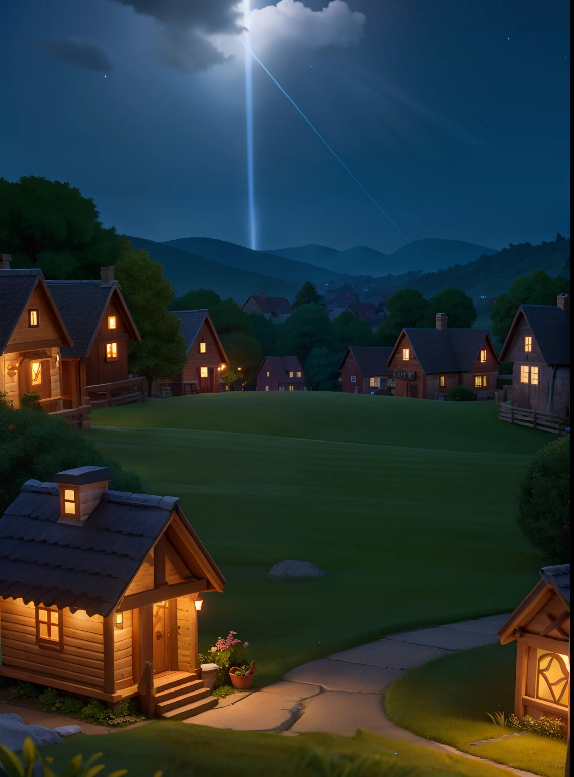 The rays of starlight above cast an ethereal glow over the village, a noite