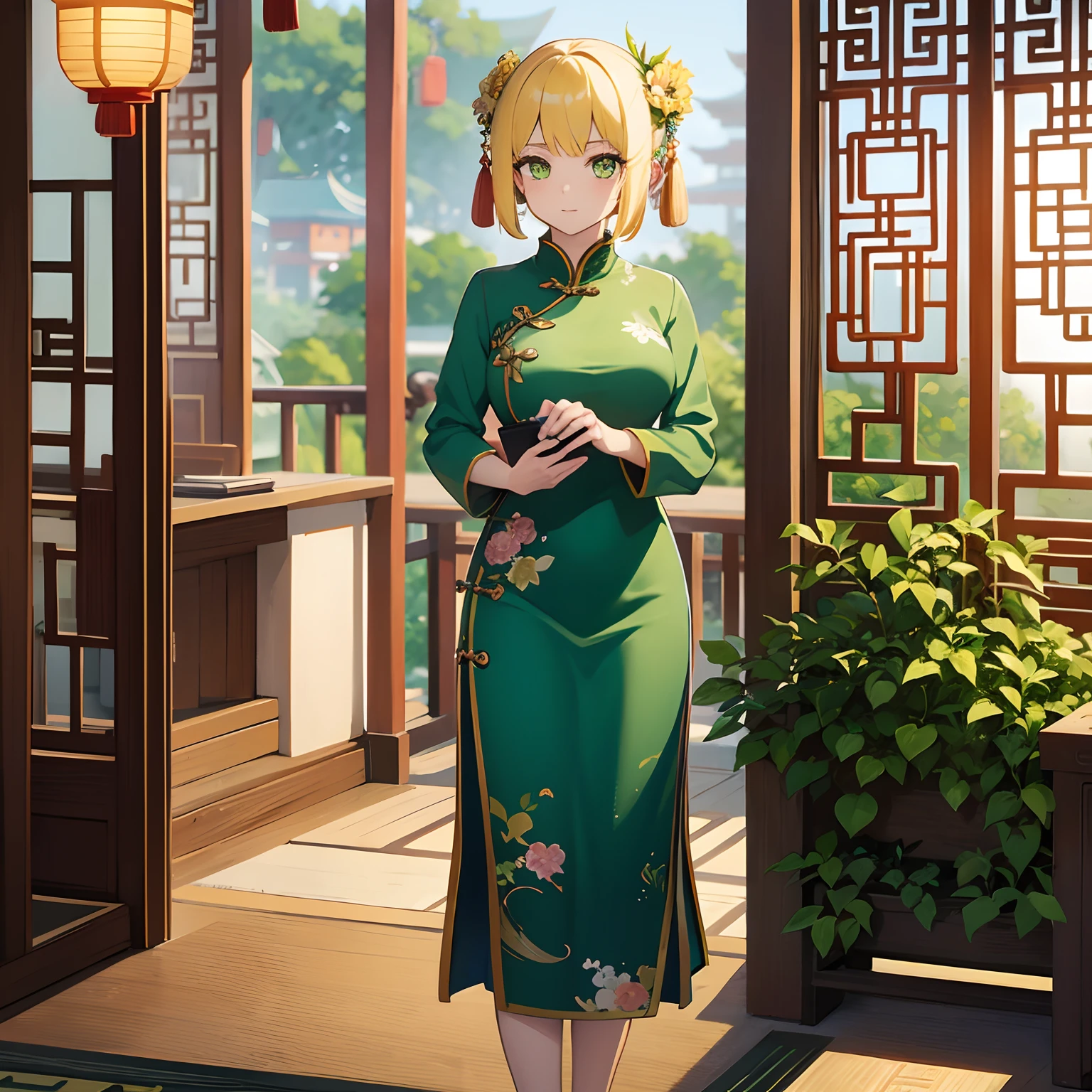 anime illustrated,girl with,Yellow hair,Green eyes,qipao dress,florals,ancient Chinese architecture