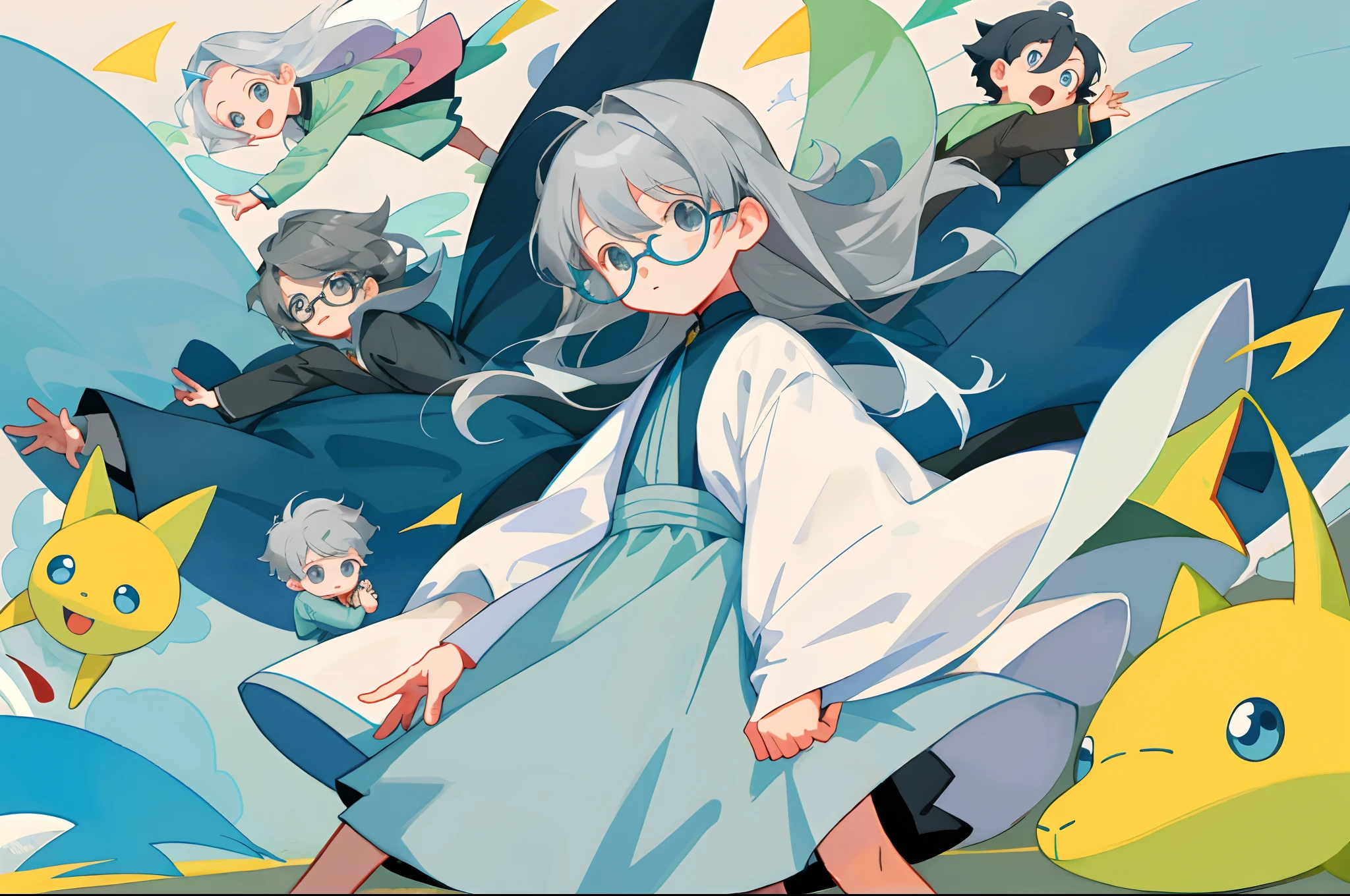 younge boy，multiple postures and expressions，Children's book illustration style，، simple，adolable，full-color，offcial dress，eye glass，Long gray hair，flatcolors，