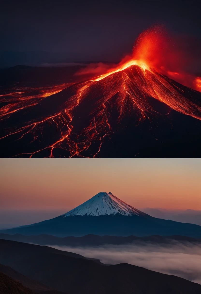 Katsushika Hokusai,Close-up shot,Aerial view,Dramaticlight,Erupting lava,Dante Peak,volcanoes