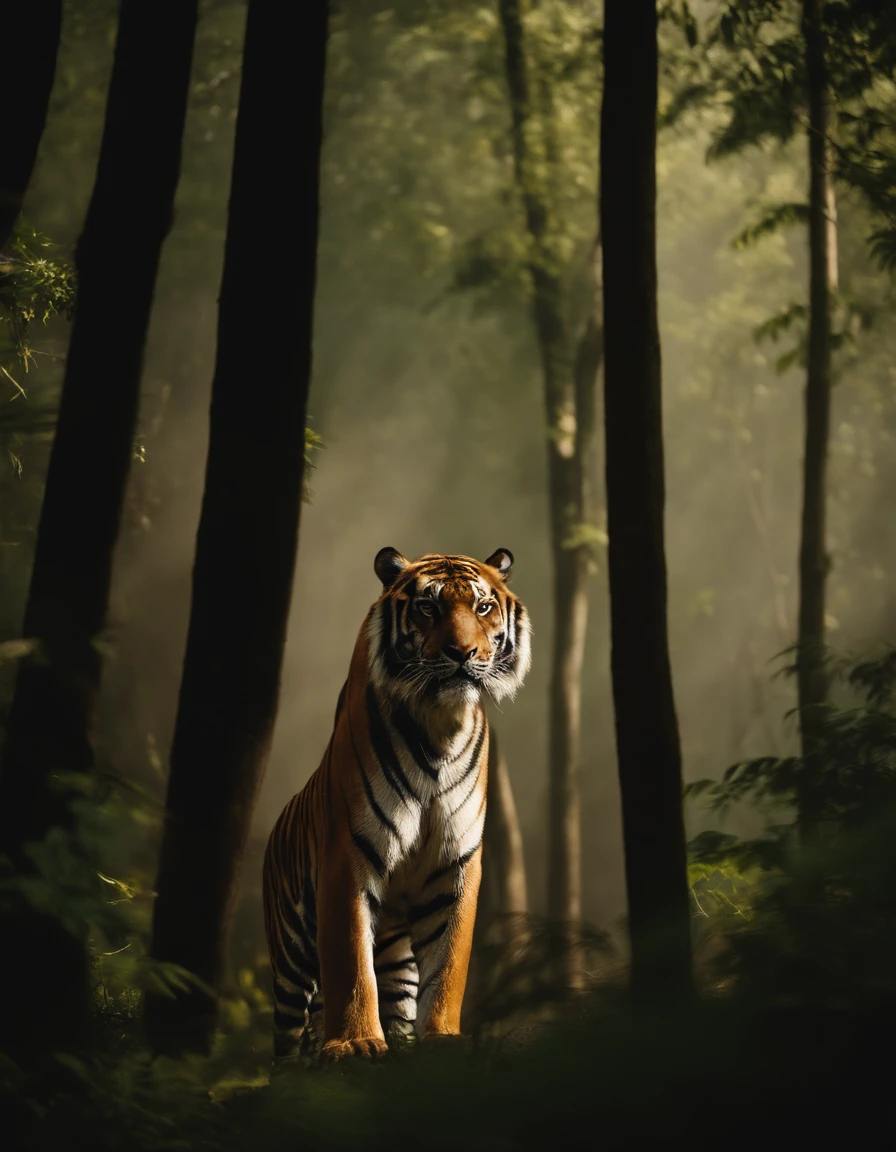 A majestic Siberian tiger is walking through a lush green forest in the rain，With vivid colors and realistic textures，The style is based on works by Vincent van Gogh and John James Audubon，Render with Octane，4K分辨率，Sony Master Lens，Cinematic lighting，Background bokeh，depth of fields，Photoreality。