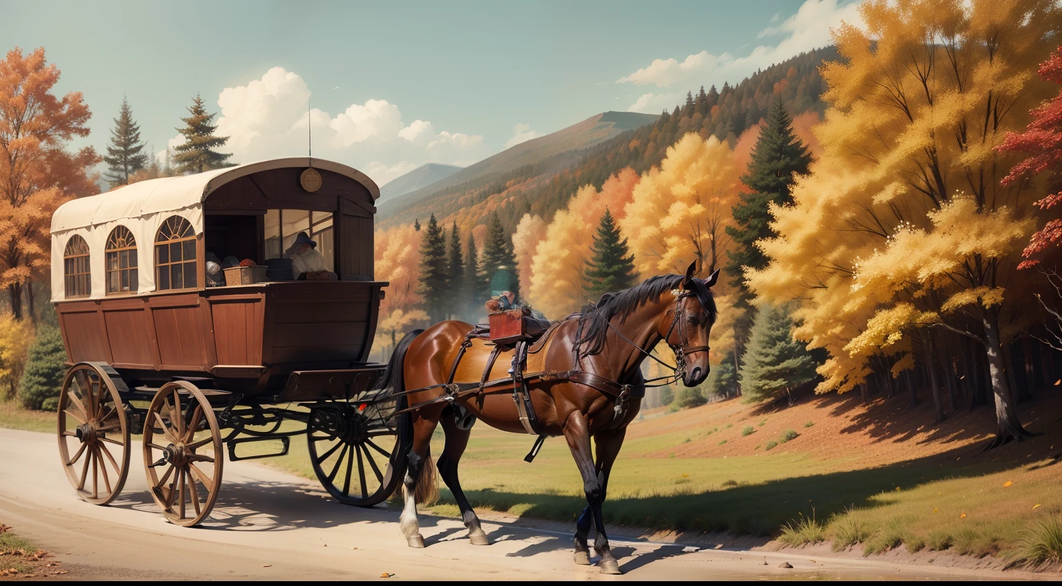 (ultrarrealista), (obra-prima), (melhor qualidade), (detalhado). Um homem com vestes de alquimista, Traveling in a large horse-drawn wagon in the middle of a forest during autumn.