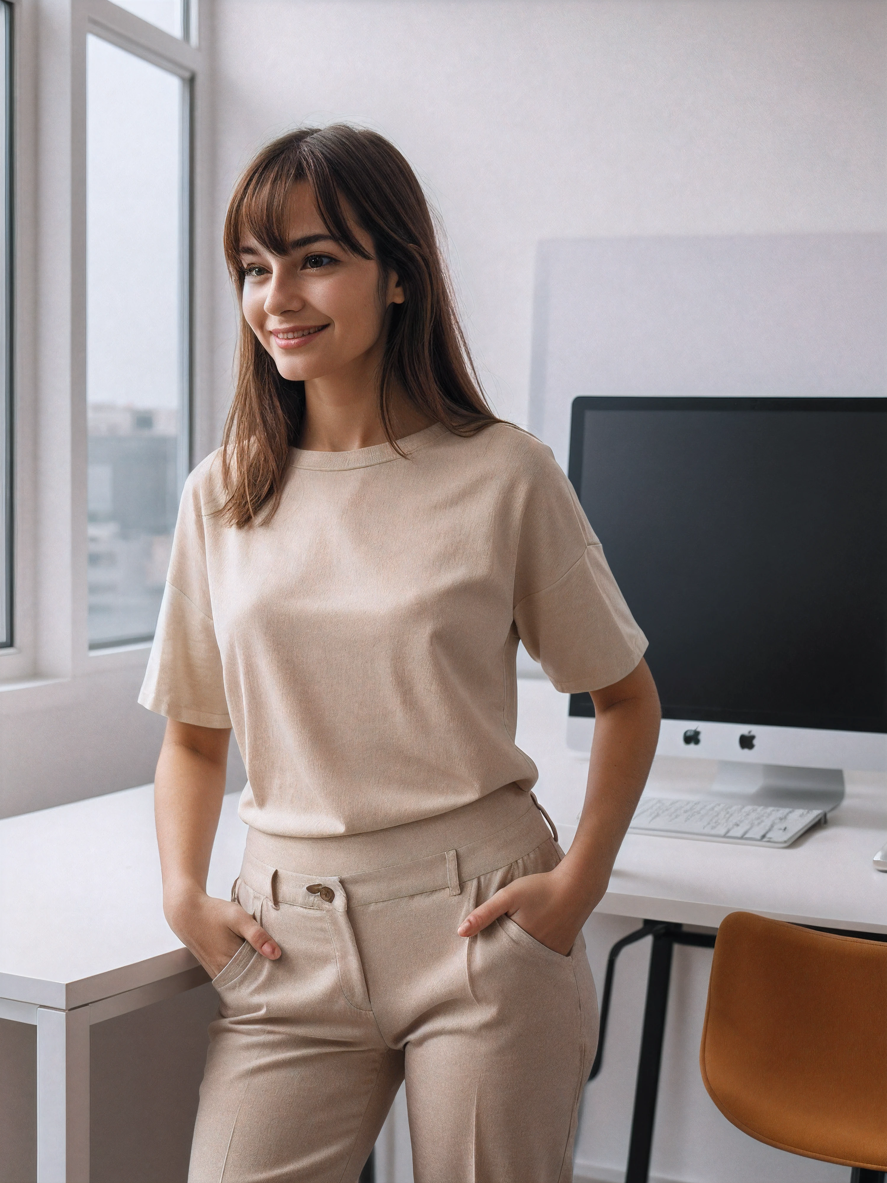 RAW Photo, DSLR BREAK a young woman with bangs, (light smile:0.8), (smile:0.5), wearing relaxed shirt and trousers, causal clothes, (looking at viewer), focused, (modern and cozy office space), design agency office, spacious and open office, Scandinavian design space BREAK detailed, natural light