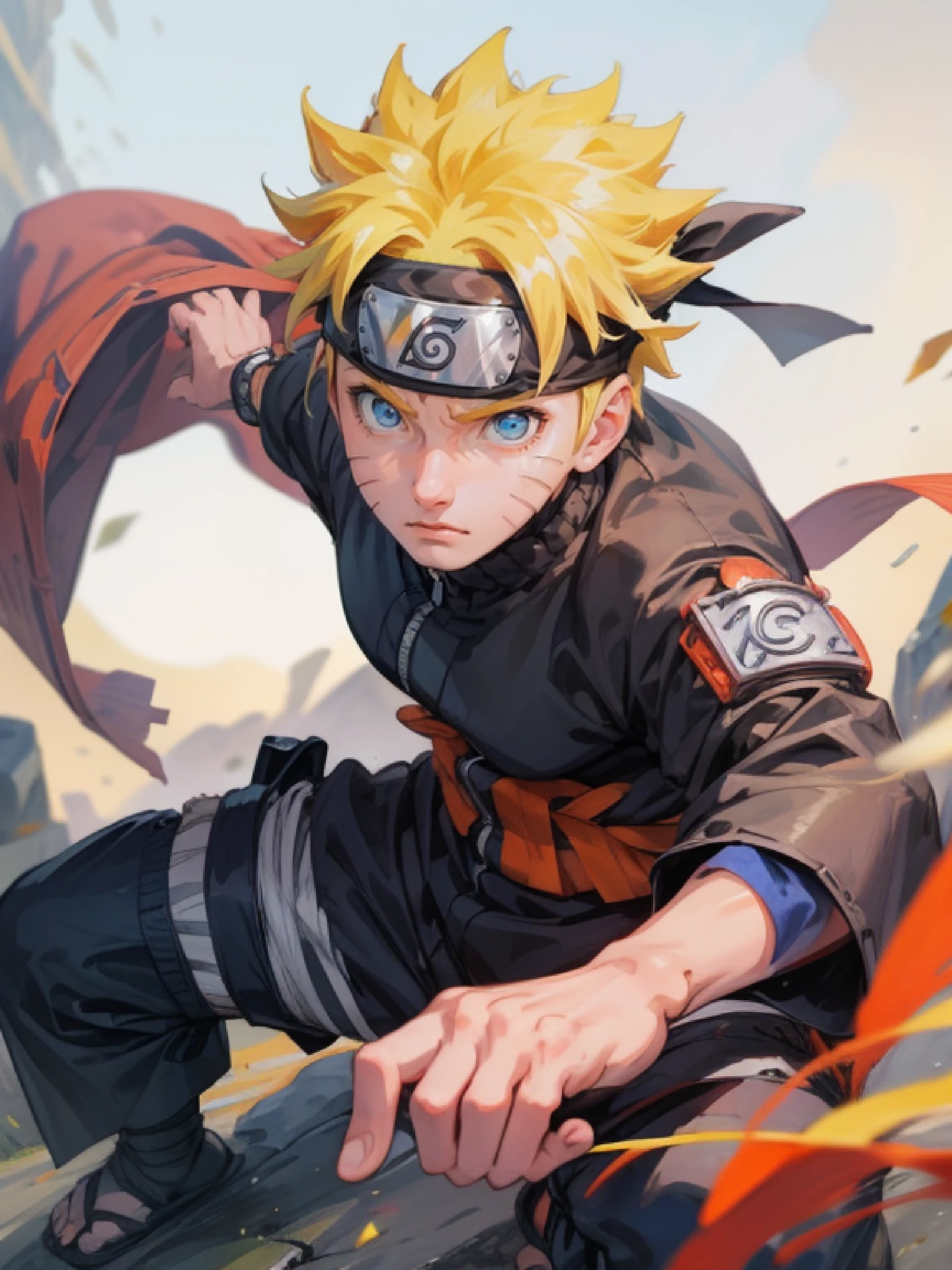 1man, solo, (masterpiece), best quality, ultra-detailed, Naruto, Retro style, fashion cloth, fancy. ninja village, attack pose