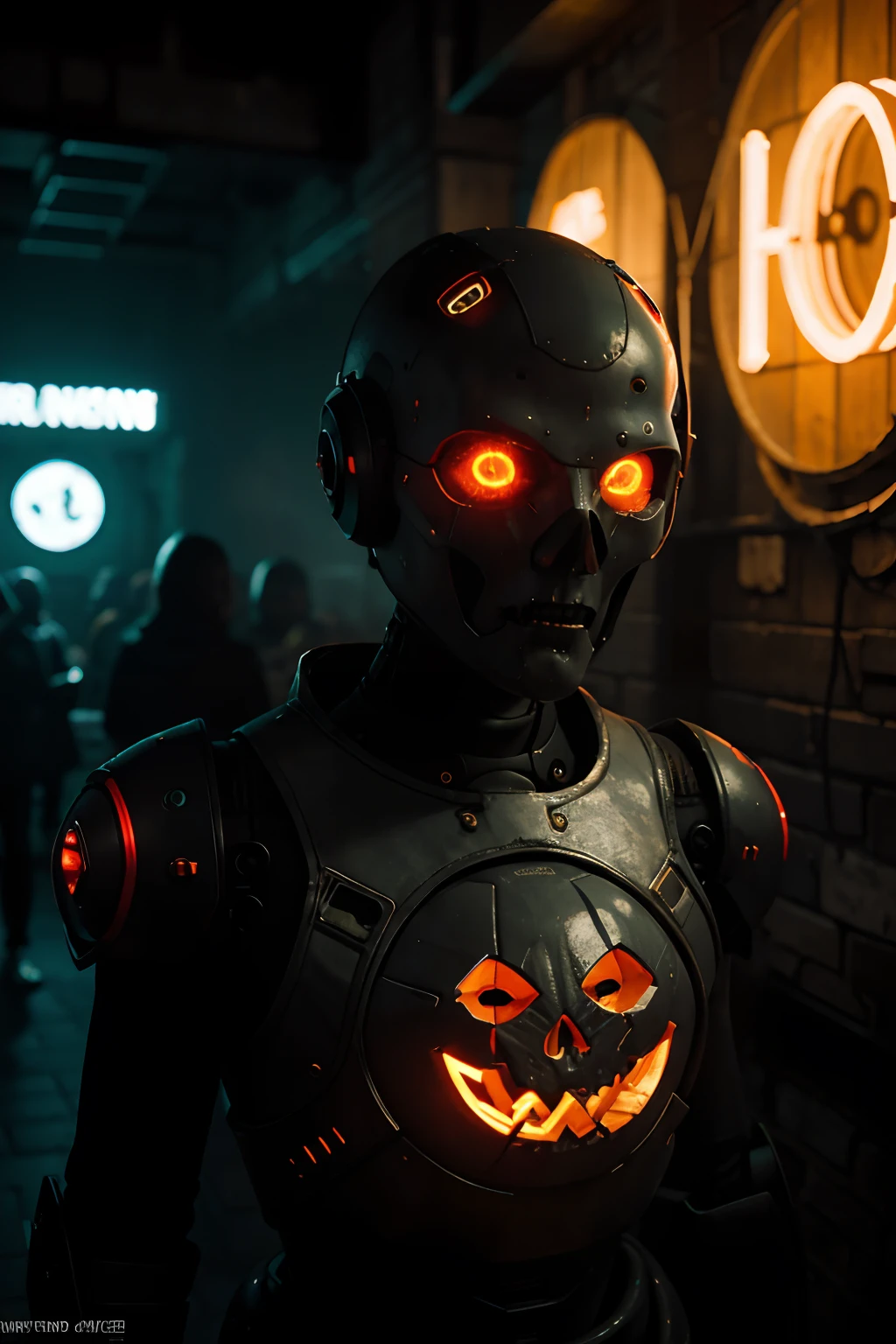 Jack the lantern, hyper futuristic robot style, light in the background, macabre scenery with neon lights