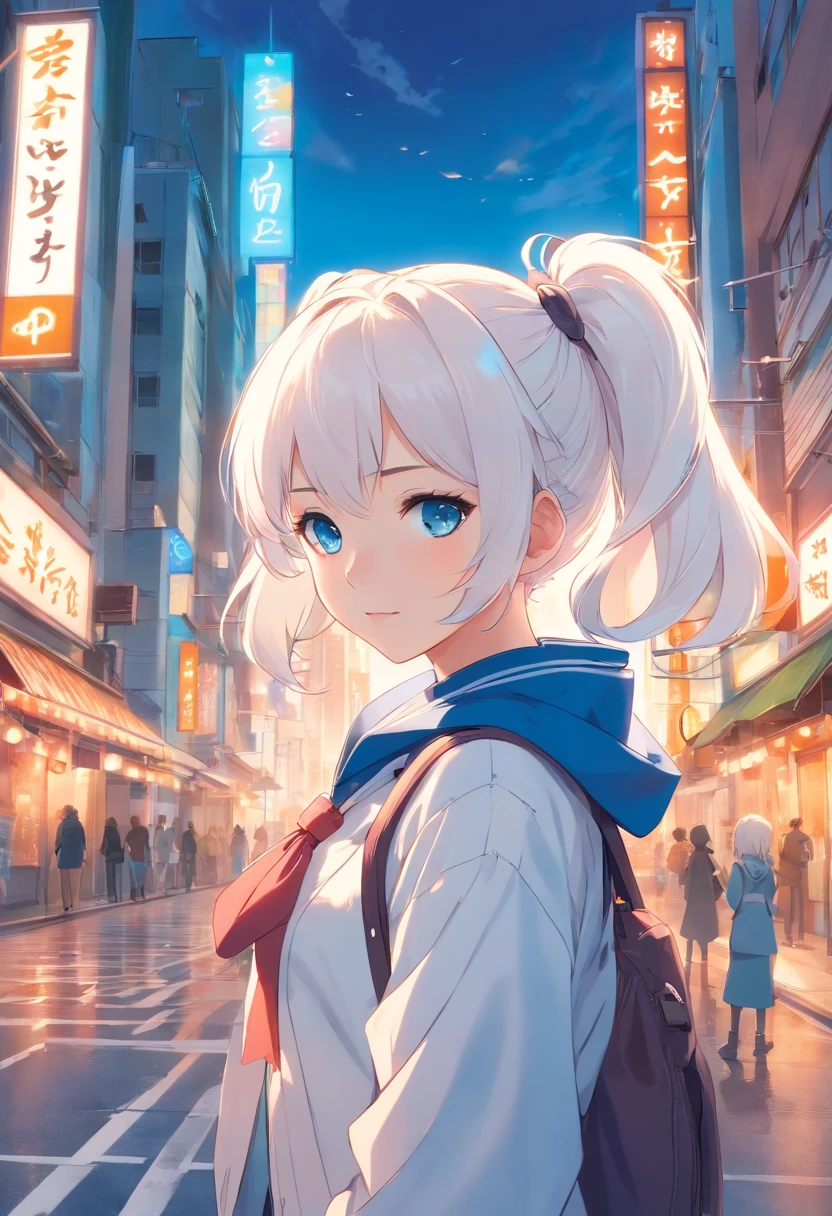 White color hair,Double ponytail curls,blue color eyes,White ta,Beth,A bustling city street