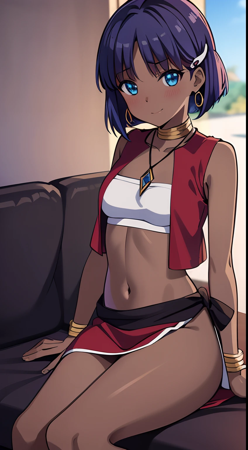 masuter piece, Best Quality, 超A high resolution, top-quality, Anime style, Nadia of the Wonder Sea, Girl with dark skin, Red vest, red waistband, Blue-violet hair, bob cuts