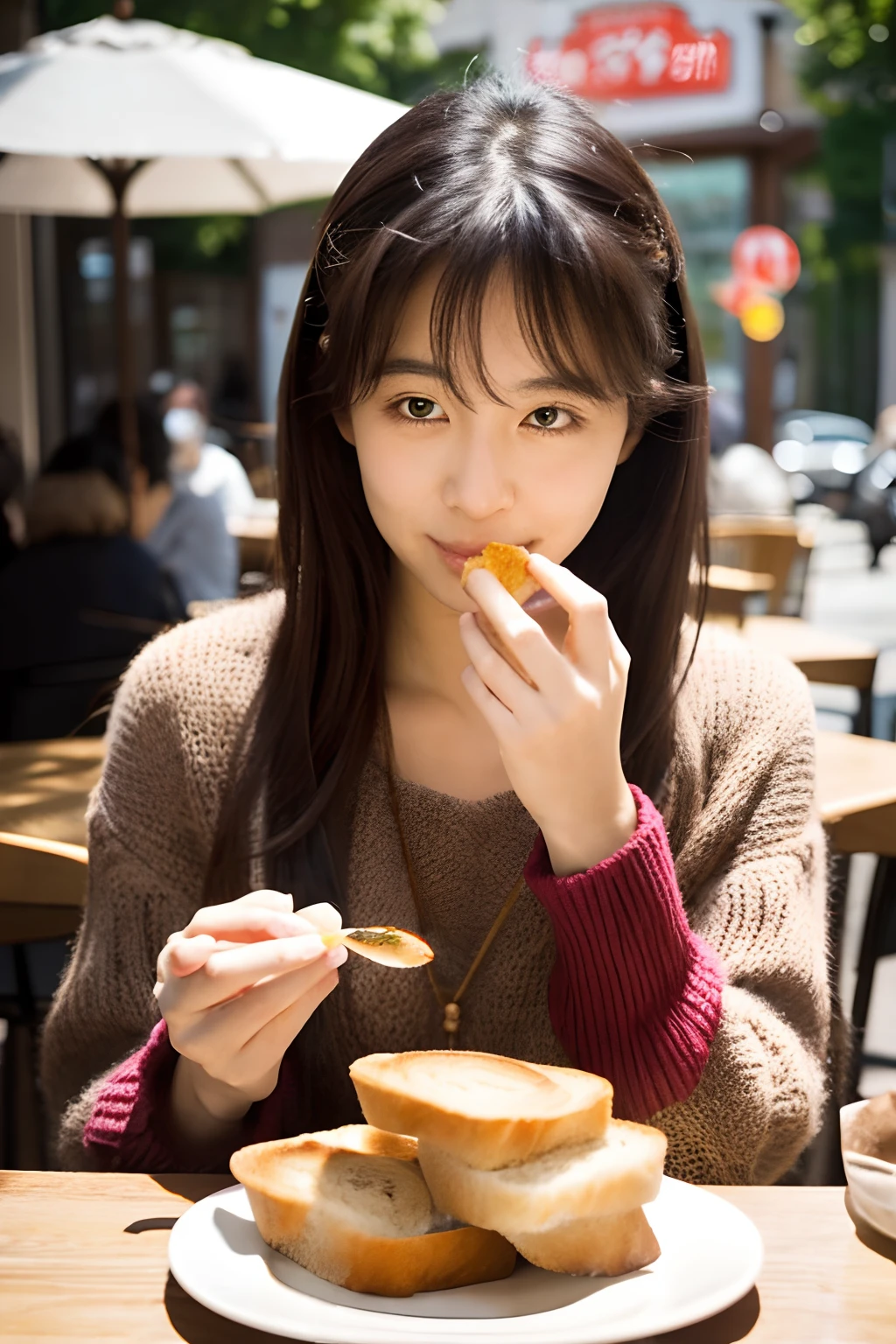 Beautiful woman eating bread at a café in Karuizawa
