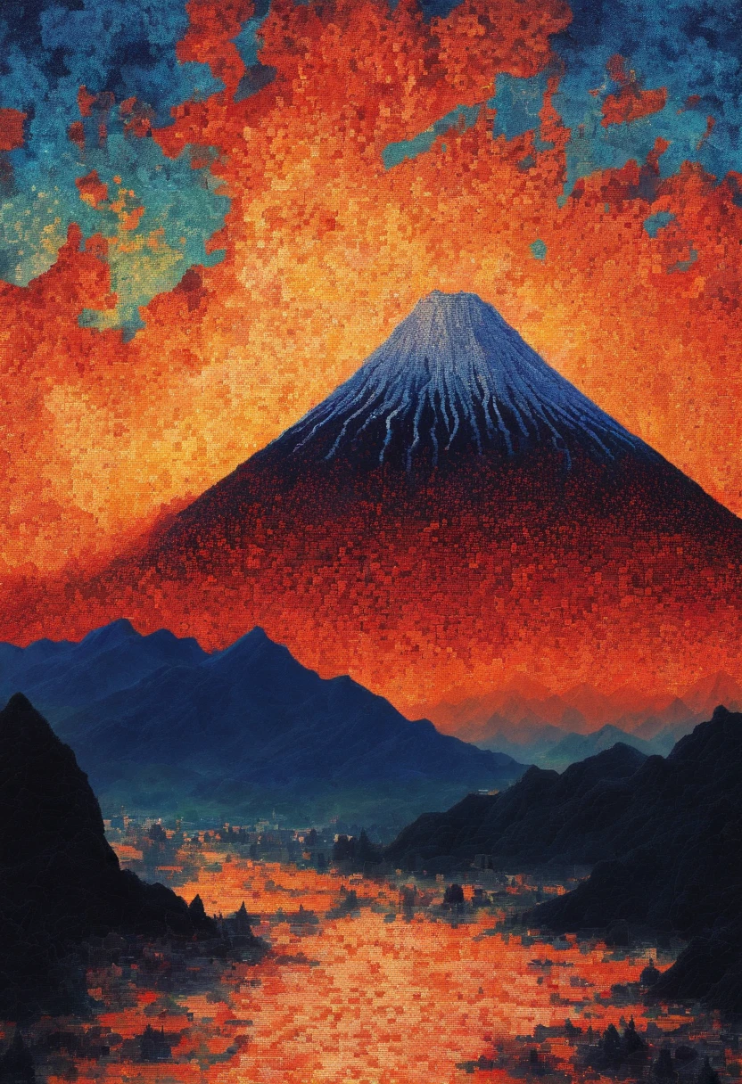 Katsushika Hokusai，Close-up shot，Aerial view，Dramaticlight，Erupting lava，Dante Peak，volcanoes