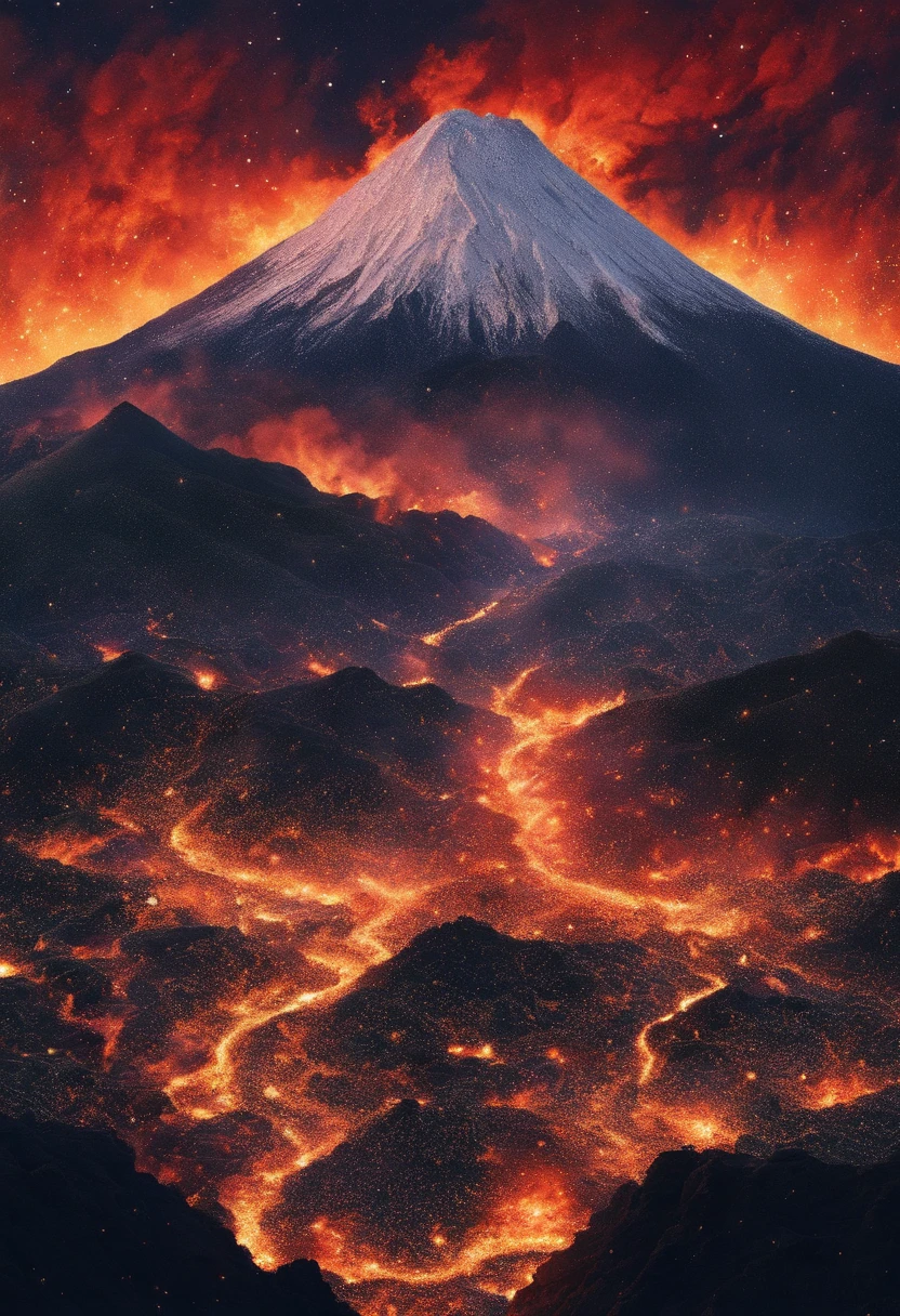 Katsushika Hokusai,Close-up shot,Aerial view,Dramaticlight,Erupting lava,Dante Peak,volcanoes