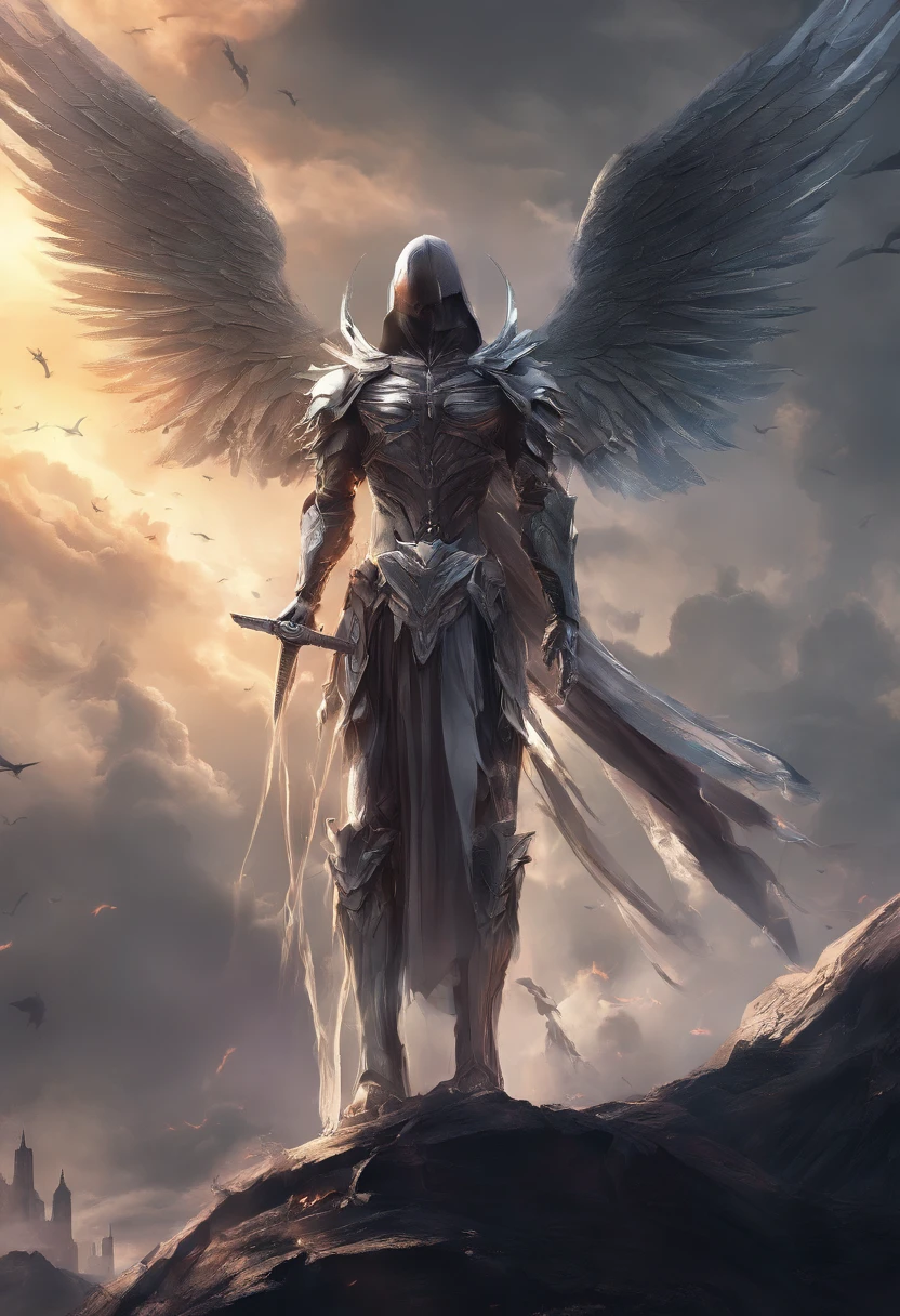 The image of God´s angles, Standing in heel with a sword in hand, Angel in heel, archangel, angels vs demons, angel watching demon, angels and demons, Angels protect people, Archangel Michael, angel of death, battle between angels and demons, super wide angel, Epic Angel Wings, Angels protect those who pray, human need of death (( epic image )), (( high quality )) 16k