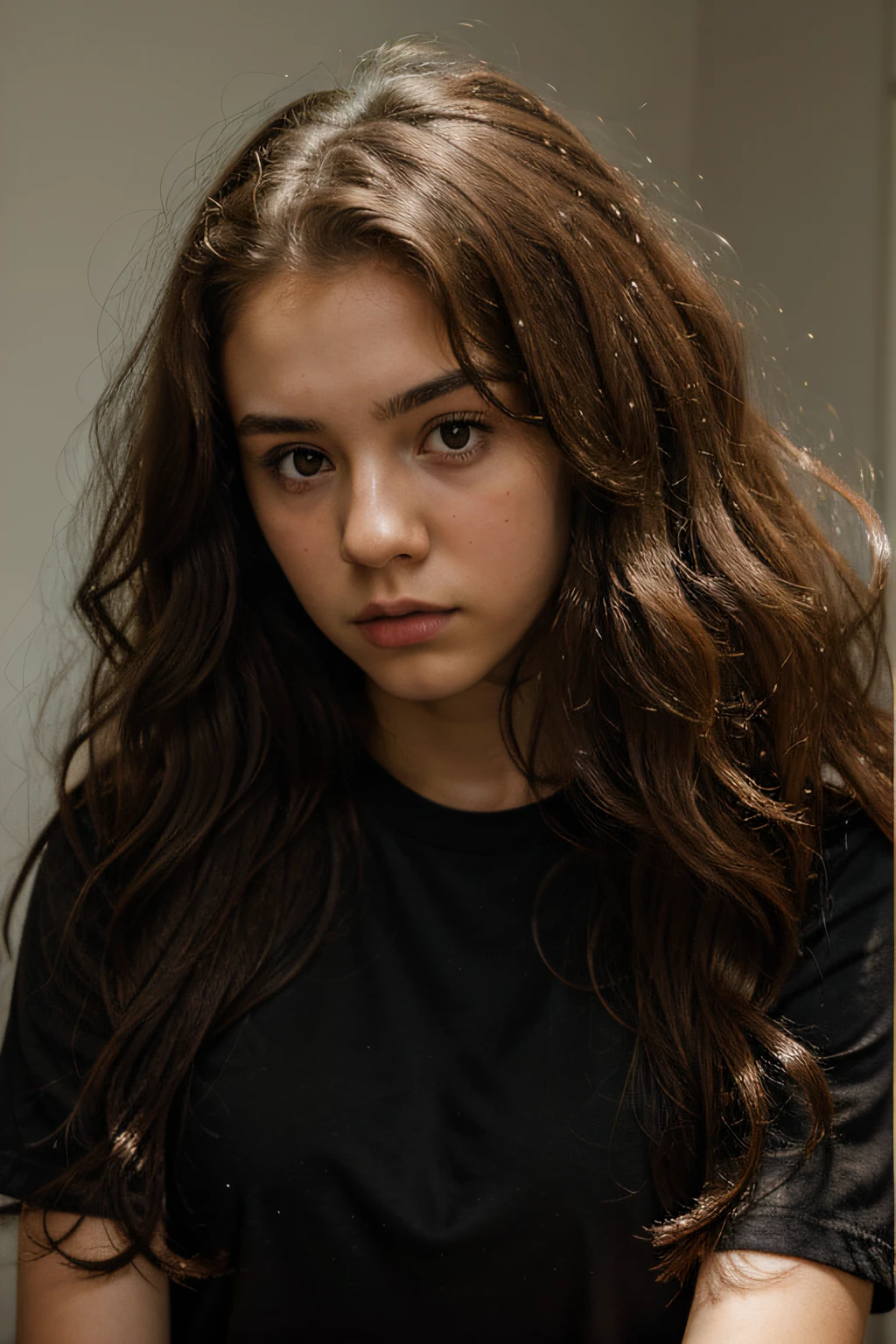 Big haired  girl with serious expression.