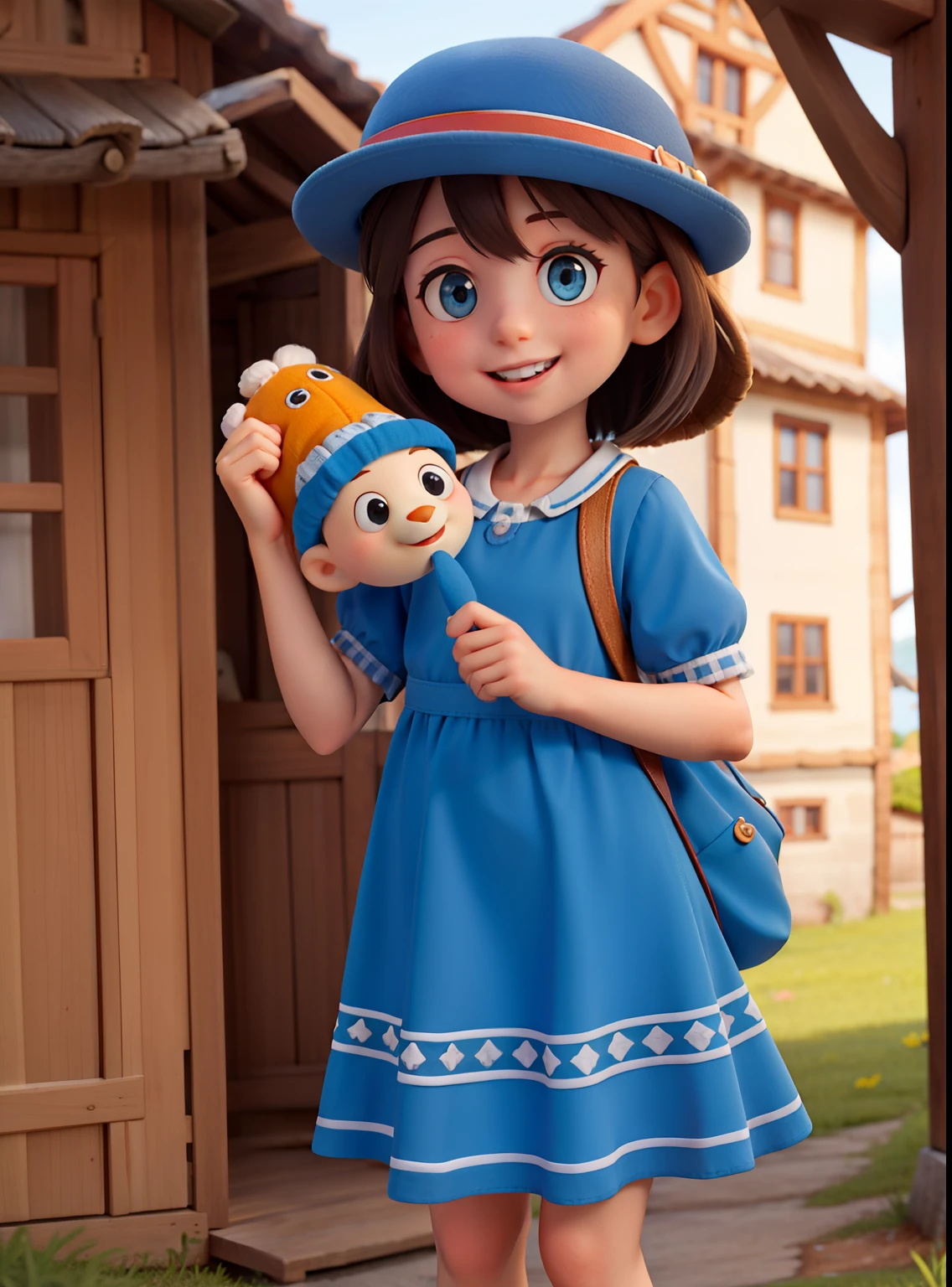 1 girl de cabelos castanhos e olhos castanhos, is in a village,Surrounded by lively and happy stuffed animals, Girl stands with blue hat, e vestido azul de exploradora ,