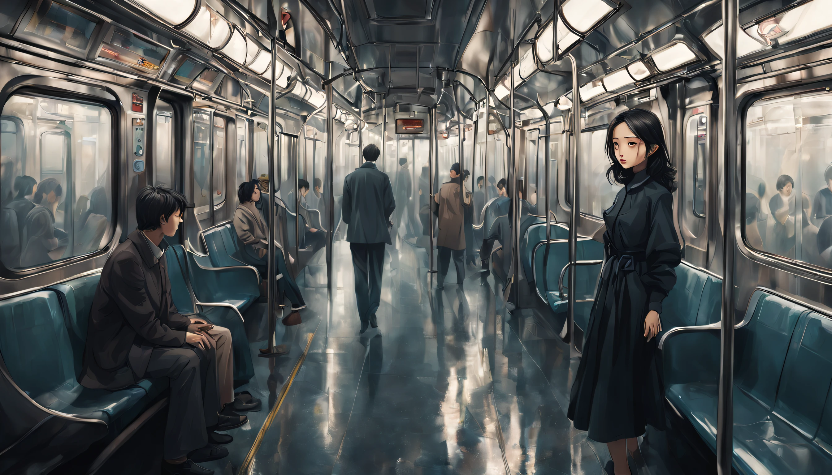 Li yang in a subway car , people moving back and forth, glances casually at everyone in the car. His eyes , detailed, focused scans across each individual on the subway car. Suddenly, a girl in a sleek and fashionable dress catches Li Yang's attention. This girl stands elegantly at the other end of the car. The other passengers in the car are also drawn to the girl's presence.

(best quality, photography:1.2), medium, realistic, natural light, vibrant colors, highres, ultra-detailed, vivid expressions, sharp focus, dynamic movement, atmospheric surroundings, translucent windows, dramatic shadows.

Li yang, bright eyes, sharp and inquisitive, captures the essence of each passenger with his gaze. The girl in the dress, captivating and confident, stands gracefully, her feminine energy commanding everyone's attention. The subway car, with its cramped interior and flickering lights, creates a sense of intimacy and urgency. The surrounding passengers, each with their own unique stories and emotions, move about in a choreographed dance of ordinary life. The atmosphere is filled with a mix of anticipation, curiosity, and a touch of melancholy. The subway windows, partially covered in raindrops, create a dreamy and ethereal ambiance. The interplay of light and shadow adds depth and contrast to the scene, emphasizing the fleeting nature of this moment in time.