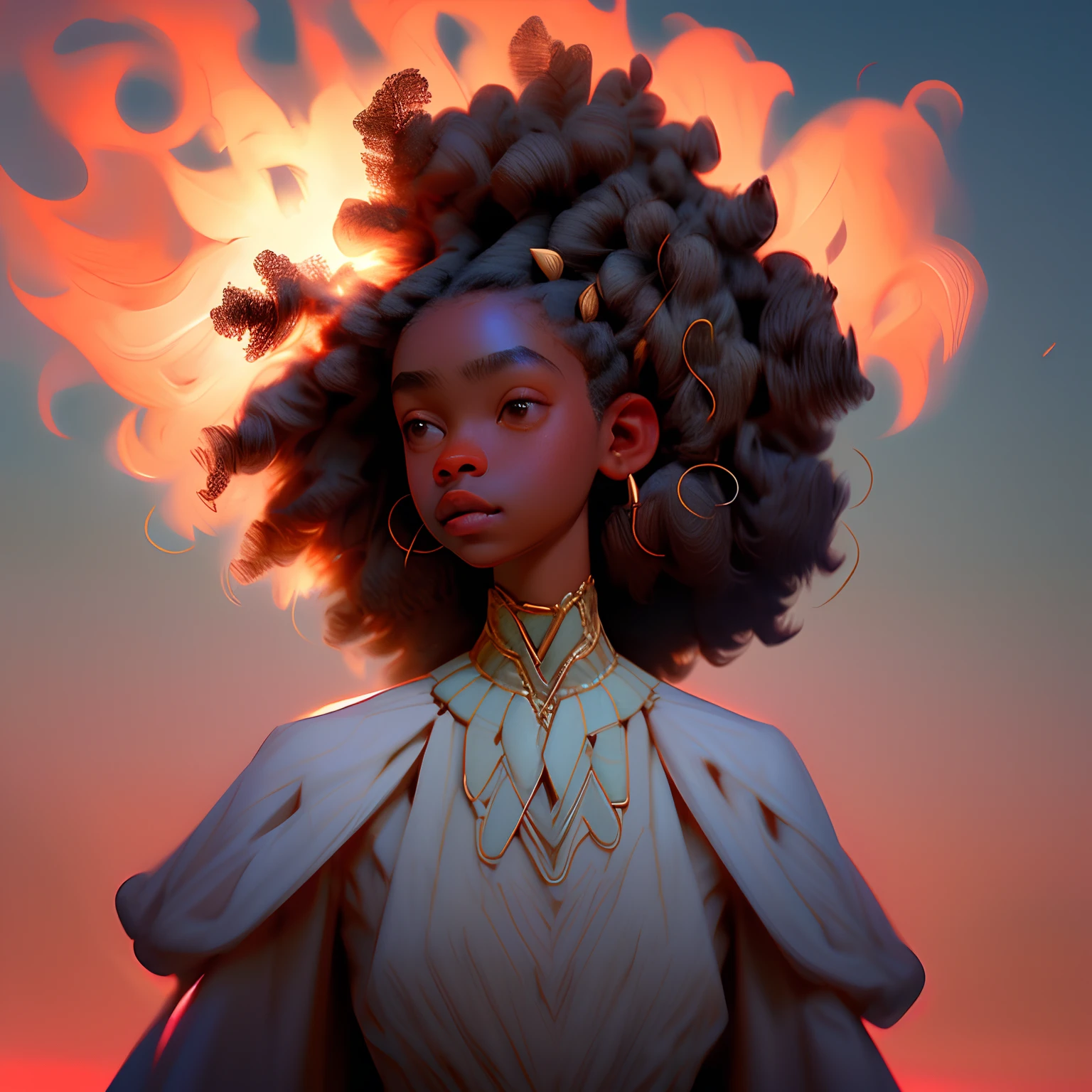 (melhor qualidade, obra-prima), uma mulher afro , de roupas largas, particulas, sozinha, vento, fundo simples, olhando para o espectador, de cabelos brilhantes, starly sky, feelyou,