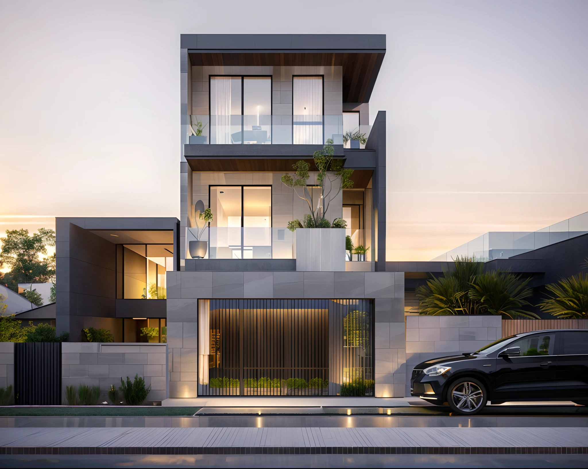 villa modern on the street, exterior, sunset, glass railing, woodandbrick ,architecture, tone black