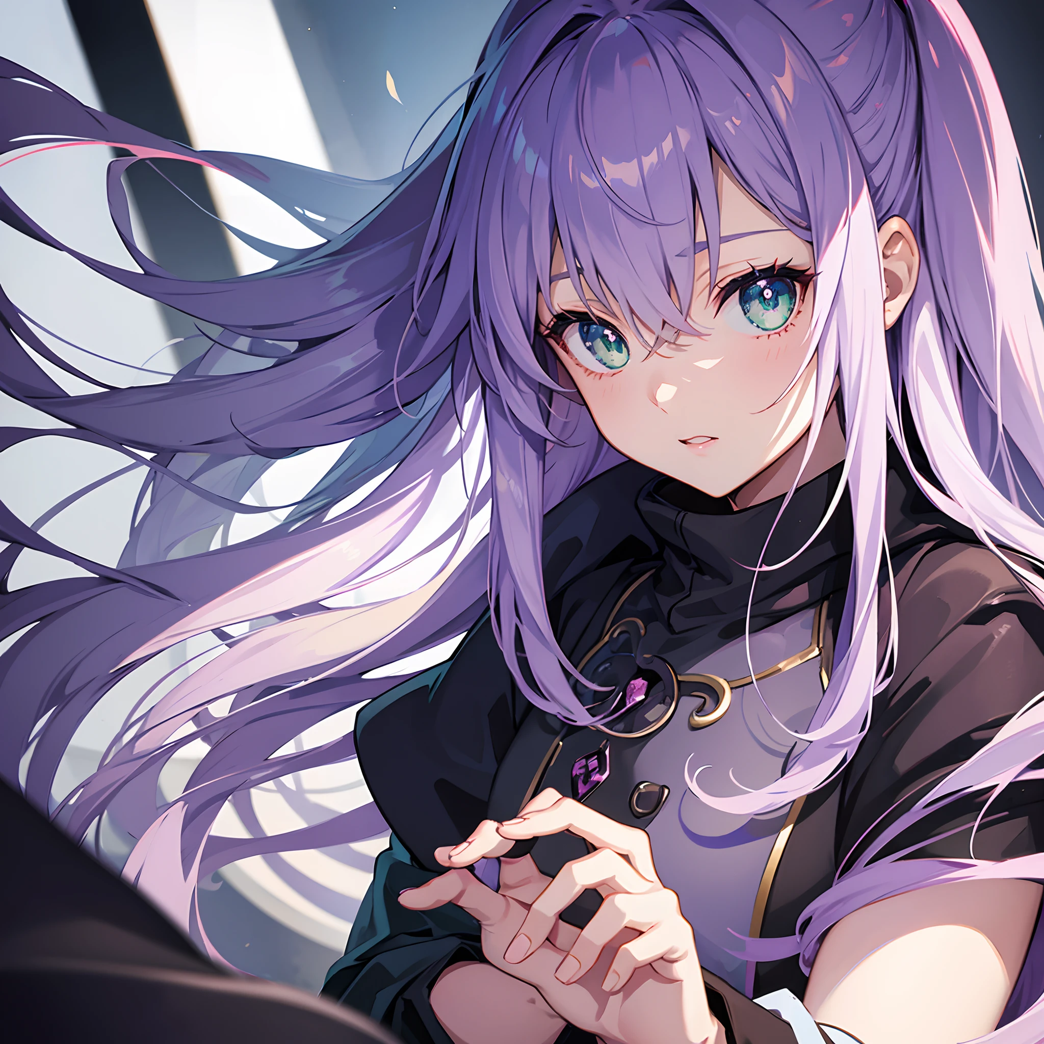 anime illustrated,girl with,Light purple hair,Green eyes,darkened room