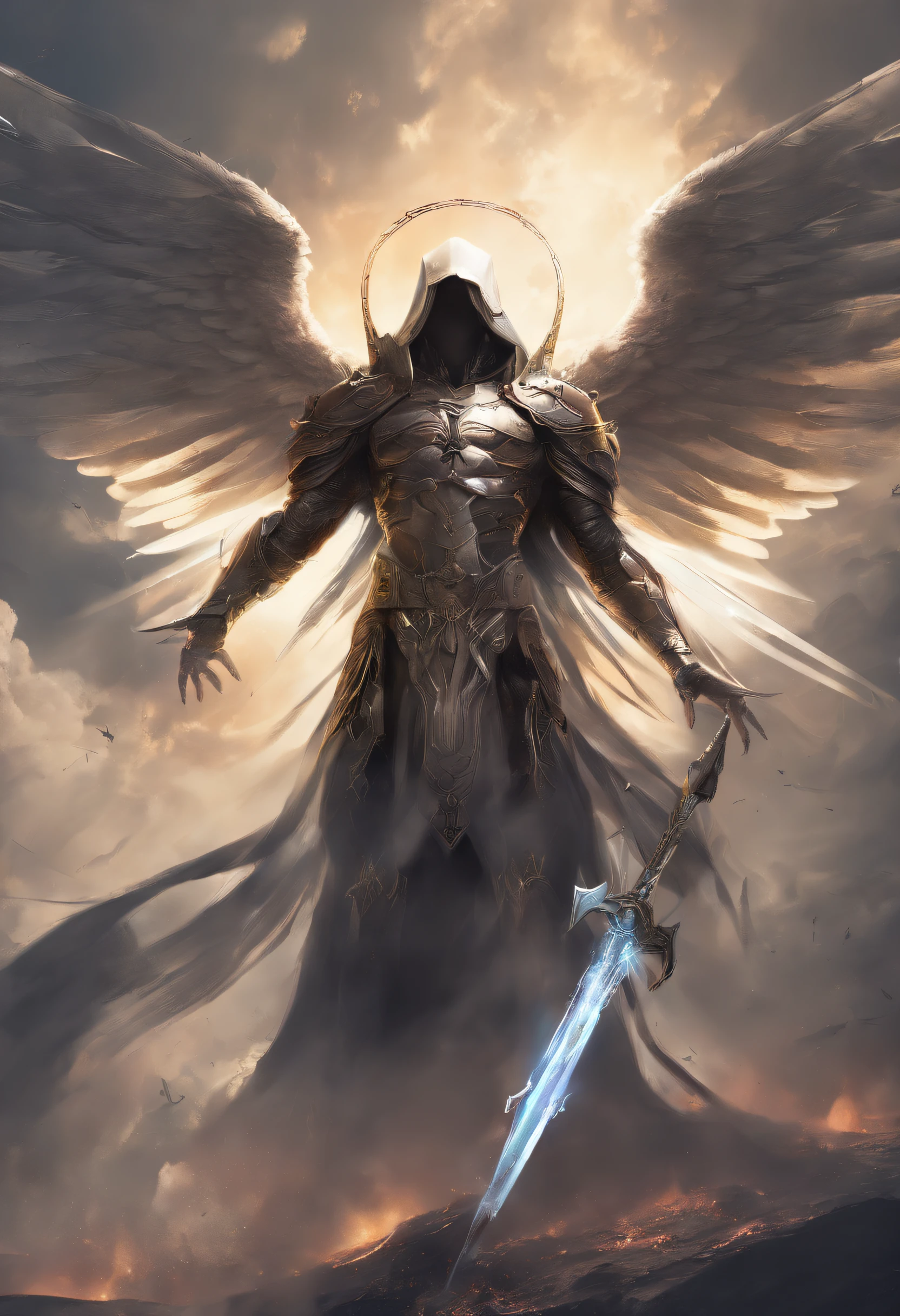 The image of God´s angles, Standing in heel with a sword in hand, Angel in heel, archangel, angels vs demons, angel watching demon, angels and demons, Angels protect people, Archangel Michael, angel of death, battle between angels and demons, super wide angel, Epic Angel Wings, Angels protect those who pray, human need of death (( epic image )), (( high quality )) 16k