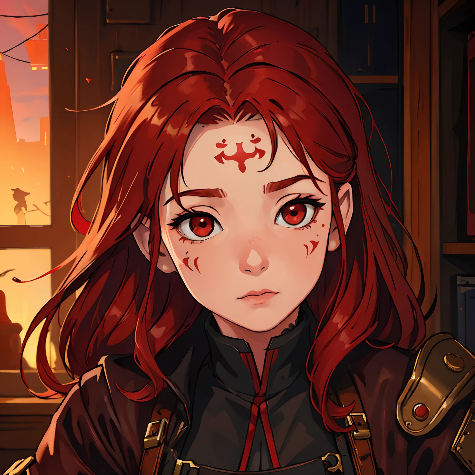 (best quality,4k,8k,Altas,master part:1.2),ultra-detalhado,Realistic:1.37,retrato,Red-haired child with red eyes,[Steampunk] garments,em seu quarto,vivid colors,Warm-toned lighting, The child has marks on the forehead like tattoo