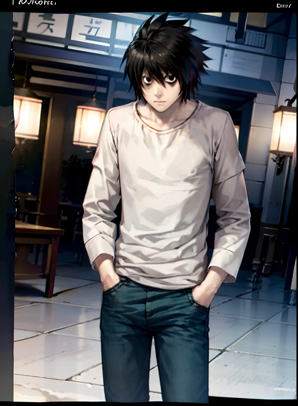 l Lawliet, solo, looking at viewer, anime, spiked hair, bags under eyes, shirt, long sleeves, black eyes, hands in pockets, white shirt, male focus, pants,