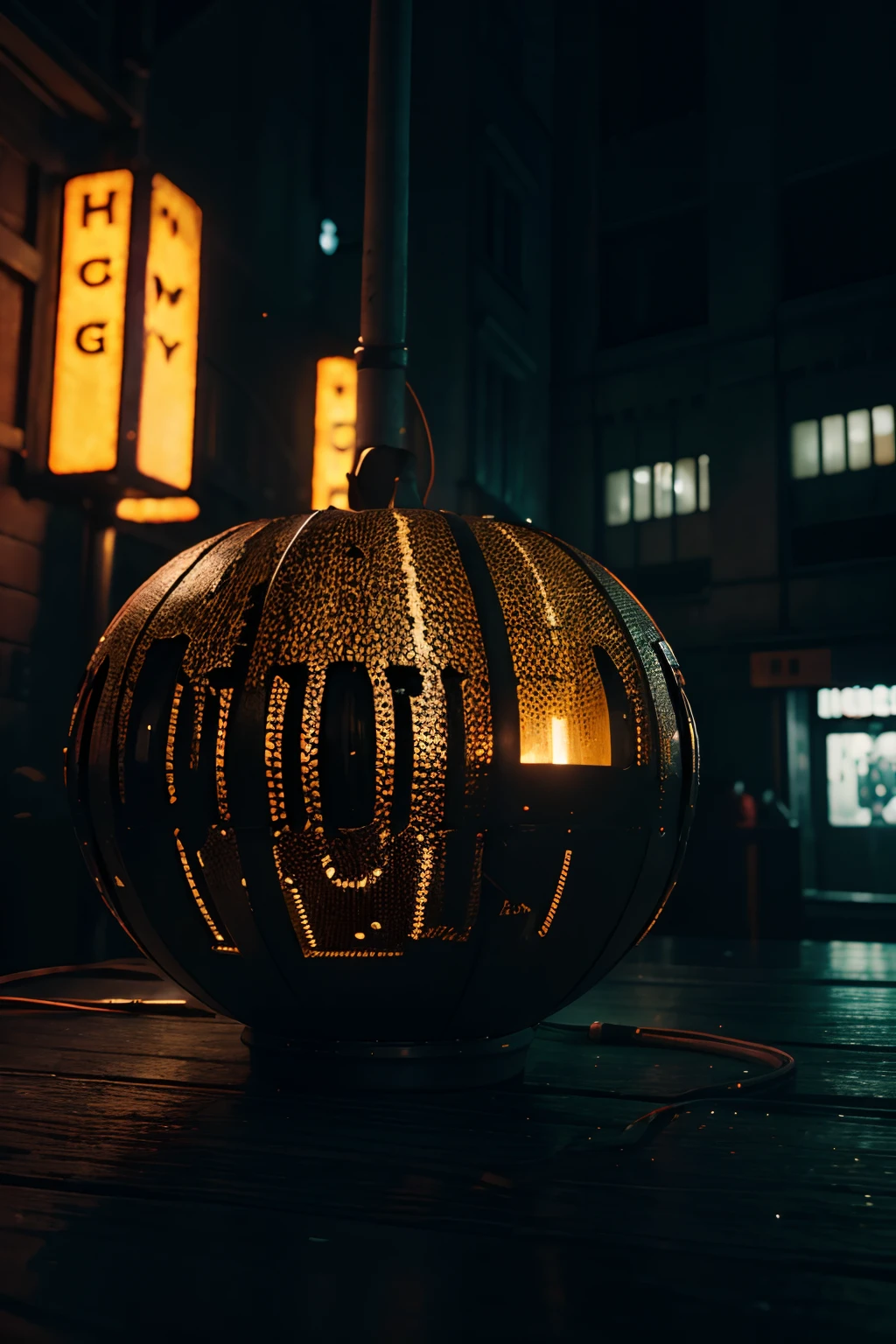 (best quality,4k,8k,High,masterpiece:1.2),ultra-detailed,(realistic,photorealistic,photorealistic:1.37), HDR, UHD, studio lighting, ultrafine painting, sharp focus, physically based rendering , Description of extreme details, professional, vivid colors, Bokeh, Jack The Lantern monster, hyper futuristic robot style, light in the background, macabre scenery, neon lights.