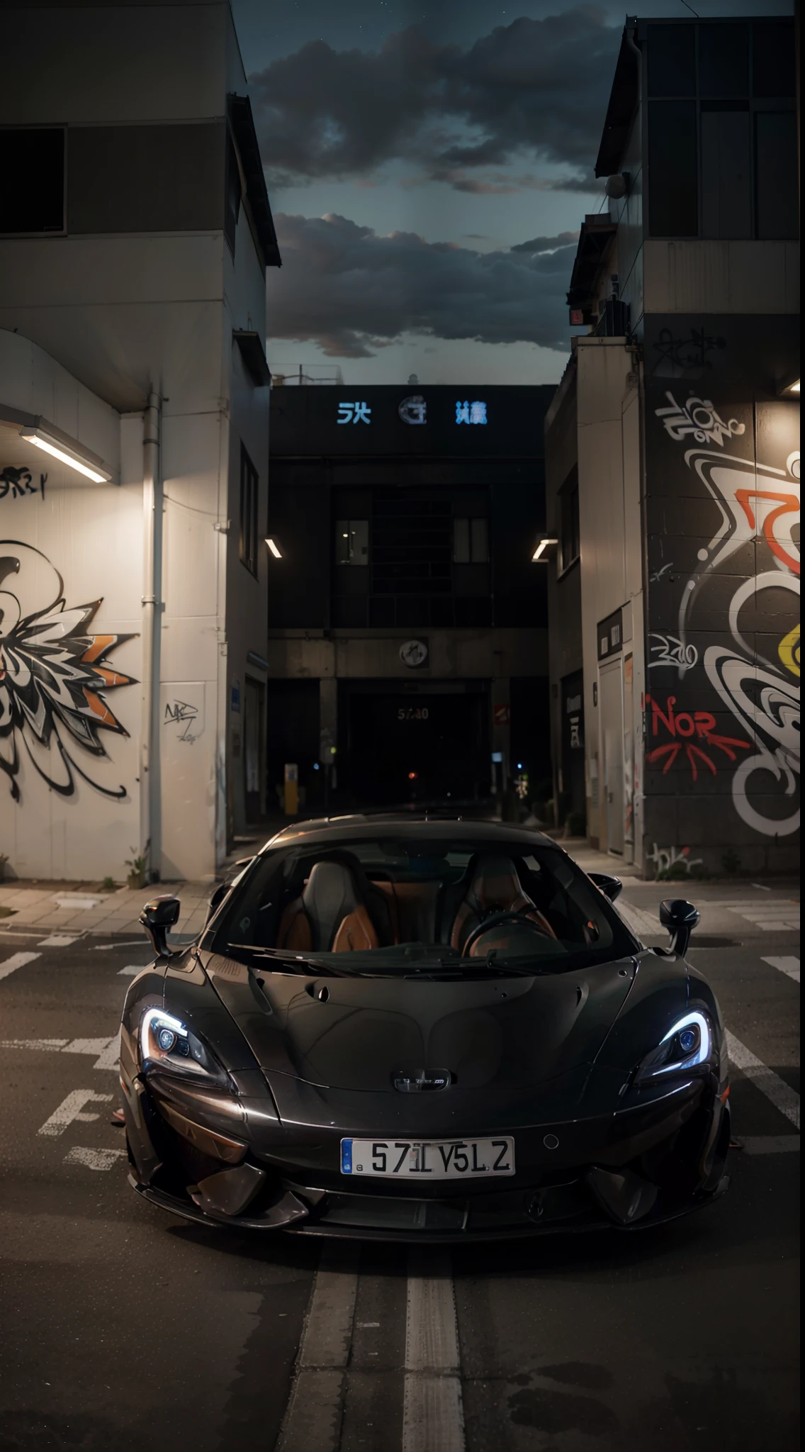 McLaren 570s parked in front of a graffiti wall in the night of Tokyo wallpaper photorealistic