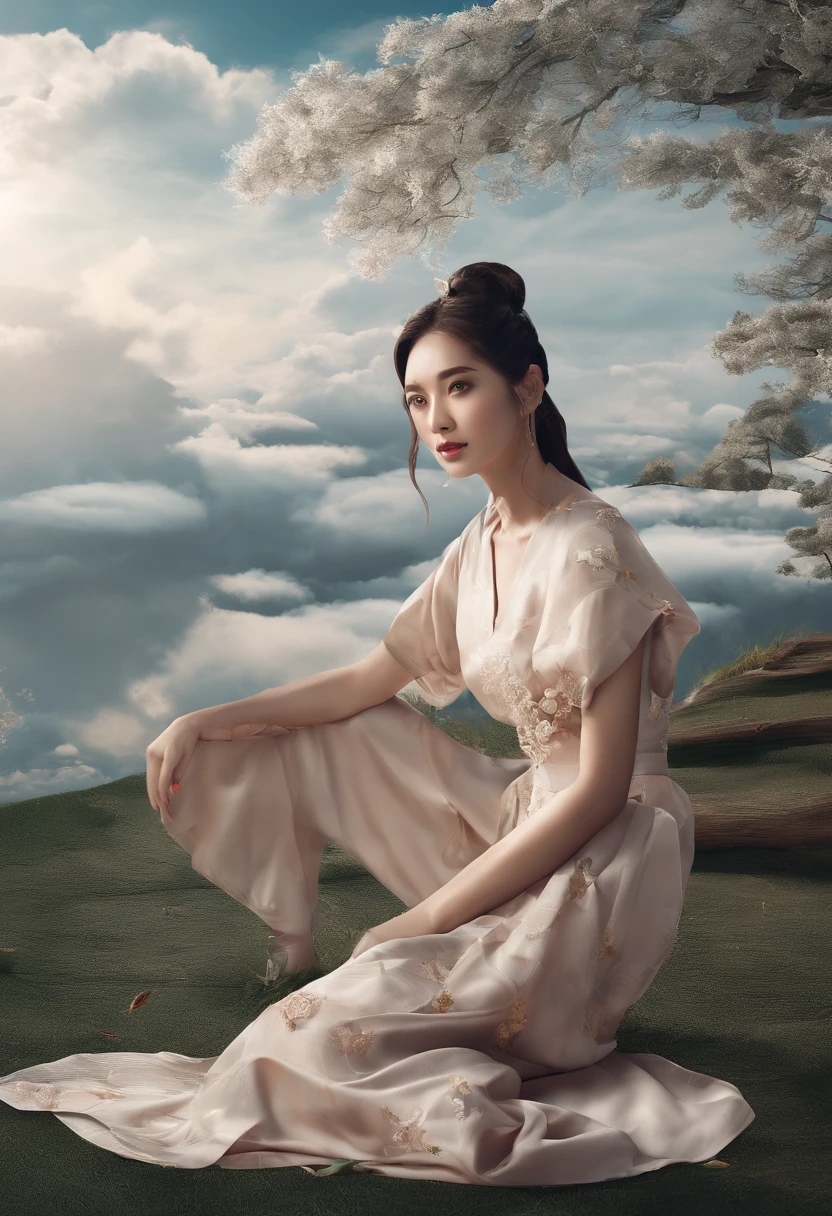Pure magazine cover,(((A beautiful girl))),(((only one:1.3))),an Quority(((a beauty girl)))'s((((slimfigure))),Sit upright by Dali Lake(((Auspicious clouds)))Upp,High HD,(((HD ultimate face))),Sony SLR lens,first person perspective,Medium range shooting,Soft lighting,Master masterpieces,stylish and trendy