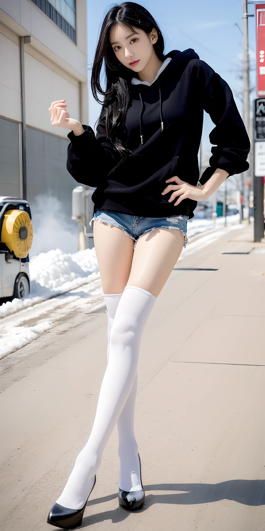 A Japanese Lady、beauitful face、二重まぶた、Big eyes、Long Black Hair、Black hoodie、Micro shorts、beauty legs、Black Knee High Socks、pin heels、tall、super long legs、model poses、、Oyuki、snow cover、snow blowing、snowscape、