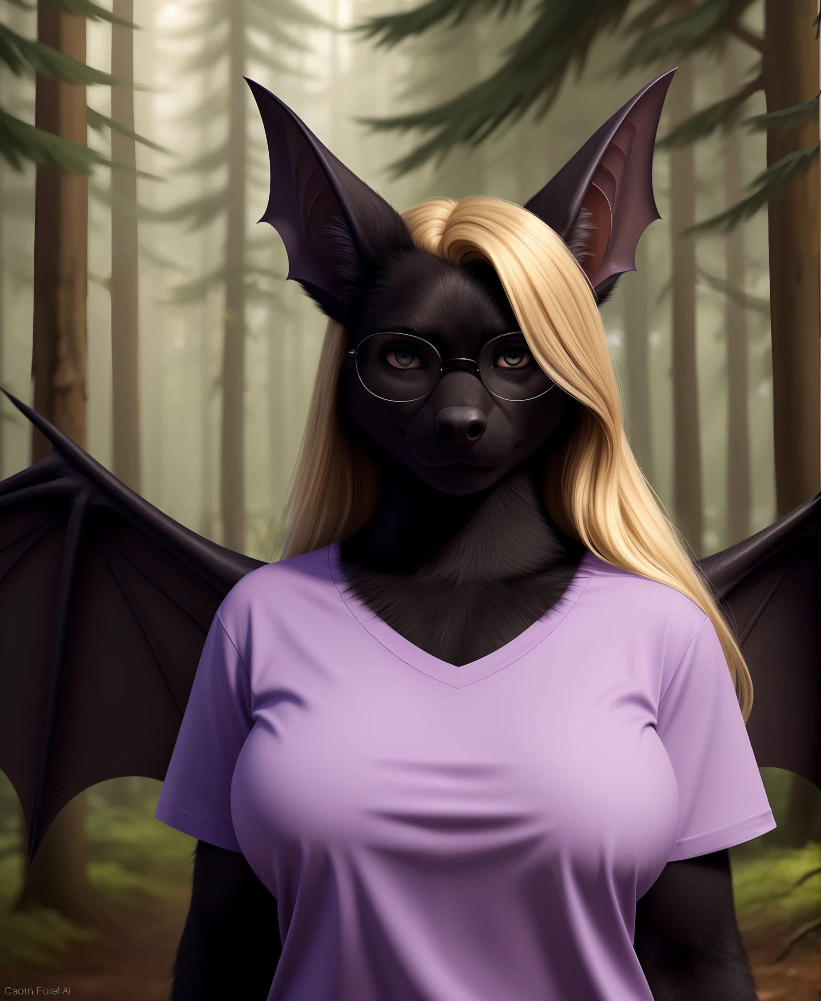 (head shot), forest setting, solo, BREAK, 20 years old, (anthro bat:1.3), woman, slightly chubby, ((black fur:1.2), realistic fur, fur over body, detailed fur texture:1.2), long blonde hair, flowing hairstyle, grey eyes, (wearing glasses, wearing a (purple t-shirt)), (winged_arms), large breasts