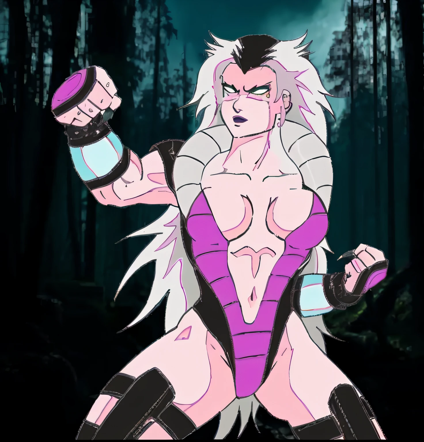 um desenho animado de uma mulher com uma roupa roxa e uma luva roxa, cell shaded  animation, muscular female druid, Snake woman hybrid, meninajin, monstergirl, sil from species, sfw version, Artista Marcial Dryad, cel - estilo de arte sombreado, menina monsime, eldritch muscular colorido, mika kurai demon, pose, Moral Sexy Werewolf Higger in High Definition in 3D.