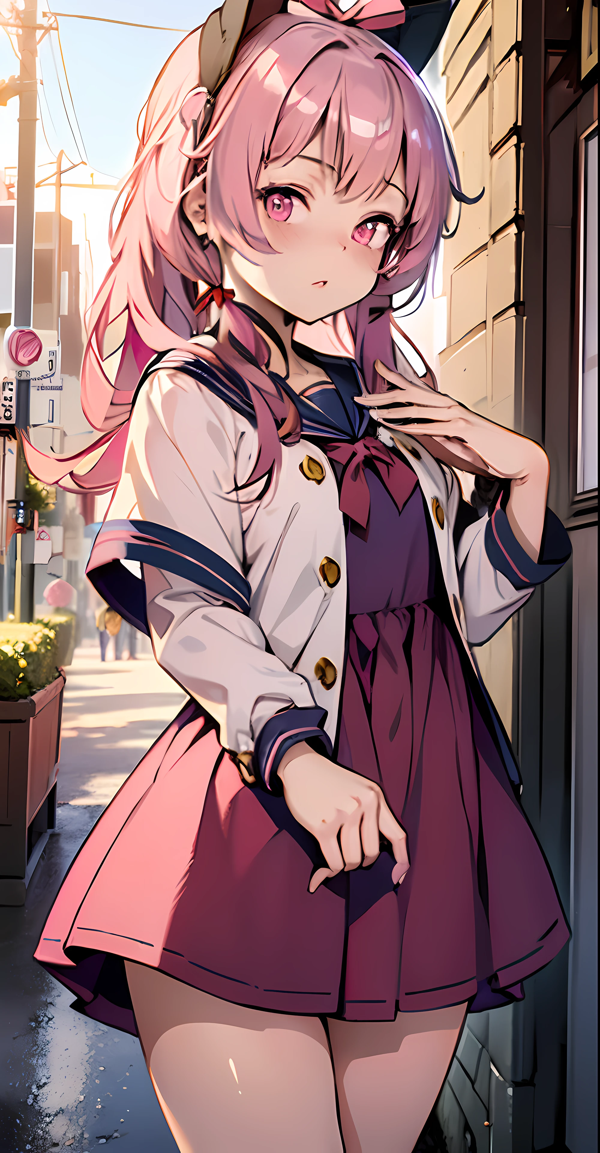 (masterpiece:1.2), best quality, highres, original, (extremely detailed:1.2), ultra-detailed, wallpaper, perfect lighting,(extremely detailed CG:1.2), 8k, illustration, 1trap, crossdressing, solo, red eyes, embarrassed, (dark-blue sailor dress, sailor collar, plaid dress, shiny dress:1.24), lift the skirt up, (detailed pink panties with ribbon:1.34), thighs, frontal, street, close-up, unity 4k, anime style