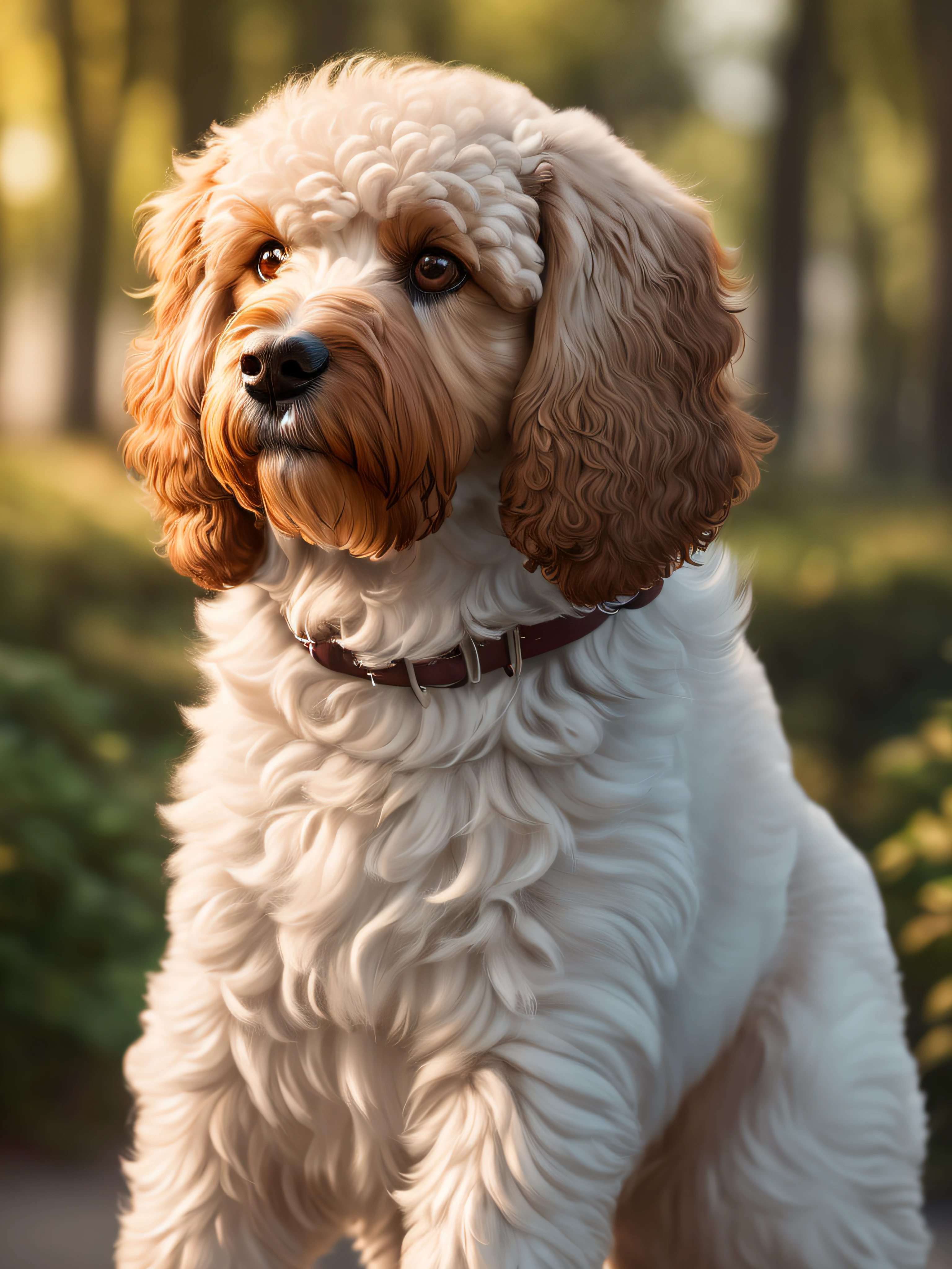 (8k, RAW photo, best quality, masterpiece:1.2), (realistic, photo-realistic:1.4), ultra-detailed, (high detailed skin:1.2), 8k uhd, dslr, soft lighting, high quality, film grain, white Poodle dog, outdoors, full body view
