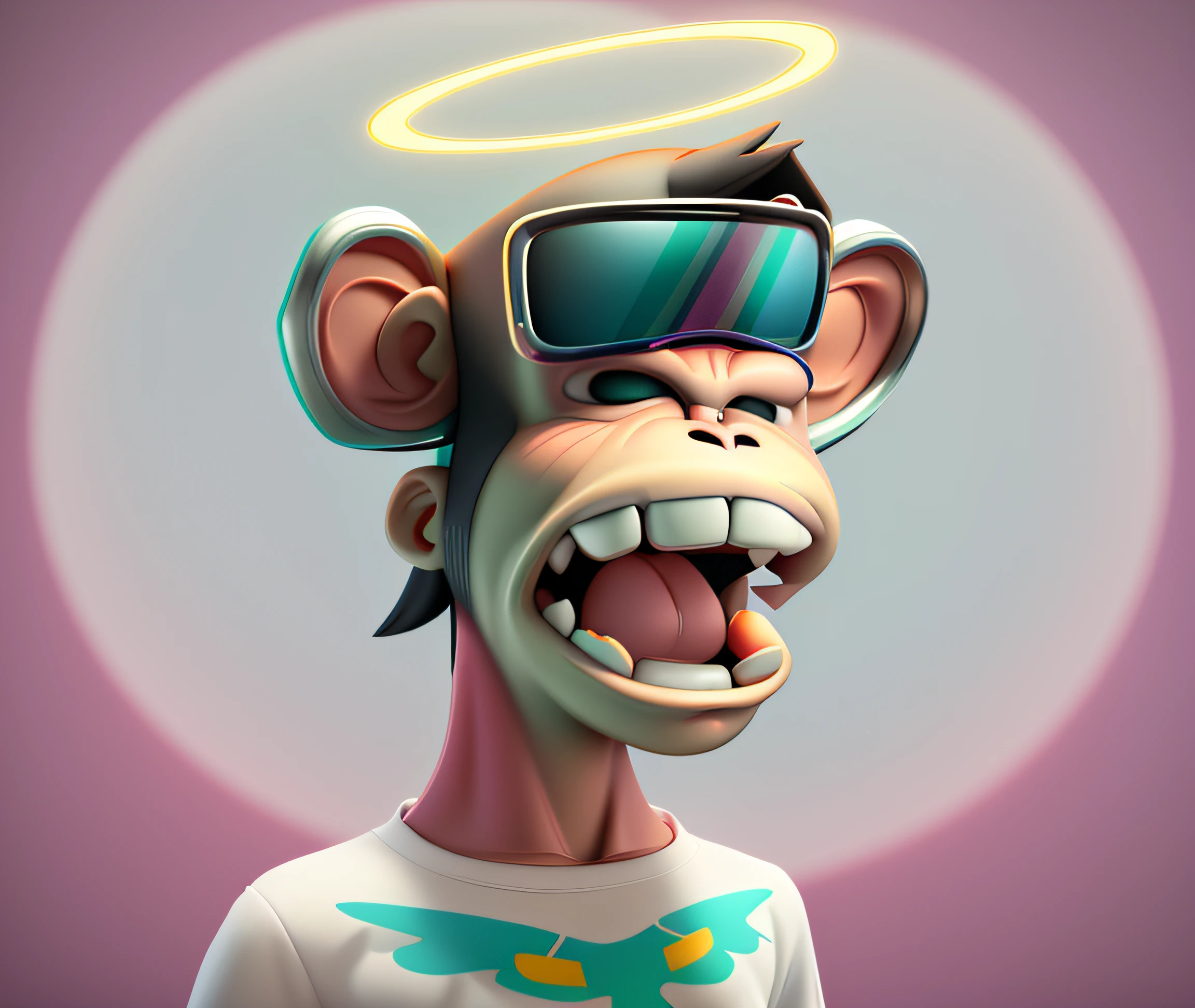 Cartoon of a monkey with a halo and a shirt on his head, bored ape nft, blindbox, gorillaz art, 。.3D,three dimensional,C4D