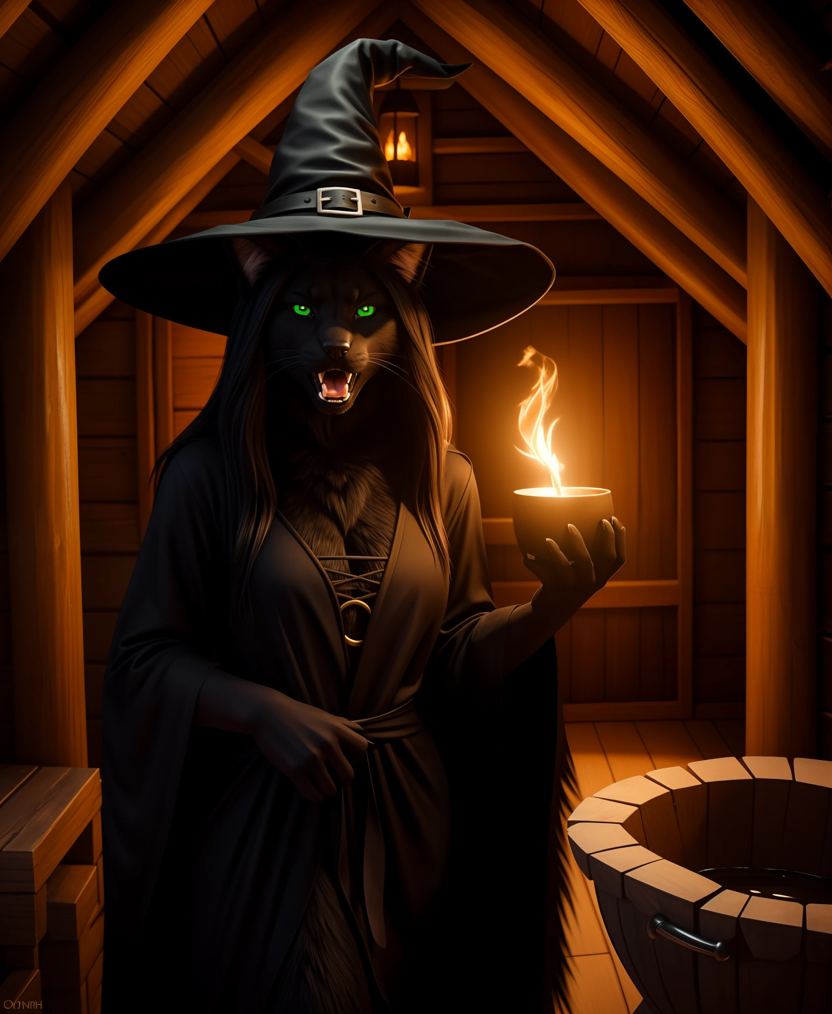 photography, witch hut interior setting, solo,
BREAK, standing in front of a boiling cauldron, 20 years old, witch woman, (transformation, anthro transformation:1.3) into (cat), ((black fur:1.2), realistic fur, fur over body, detailed fur texture:1.2), long black hair, flowing hairstyle, glowing green eyes, slit pupils, open mouth, large fangs, wearing a witch hat, wearing extremely torn black robe