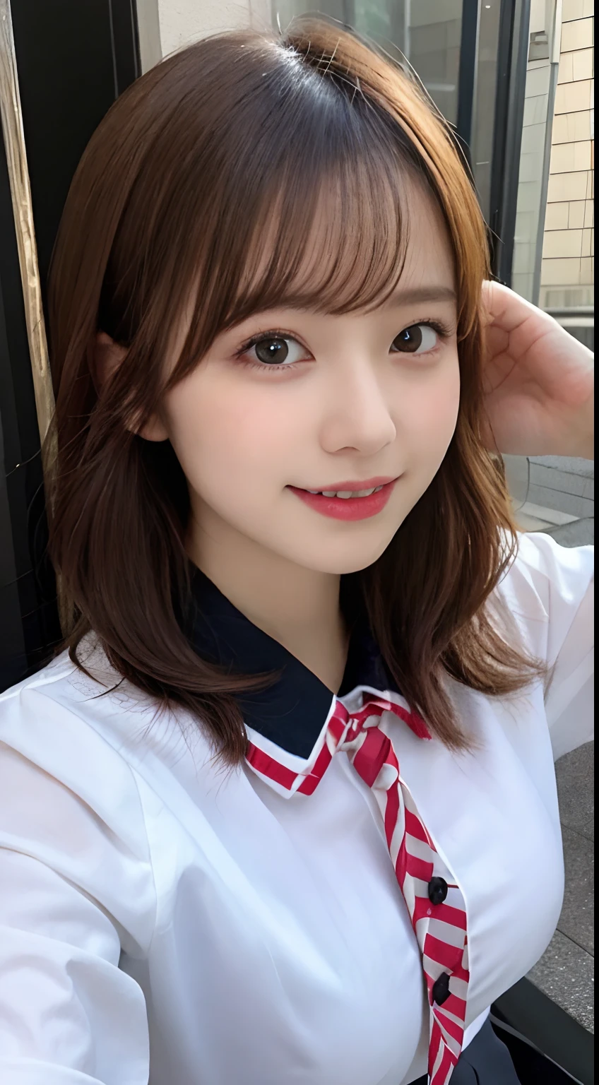 (highest quality、Red Hair、8k、32k、masterpiece、Hmph:1.2)、sexy、17 years old、Cute Japanese Women Photos、Twin tails、thin、slender、(Bobcut)、(Small Tits)、double eyelid、 Red open front shirt、Navy blue tie、You can see her underwear faintly、Red mini skirt、Thighs、Light blue wall、whole body、smile、sexy