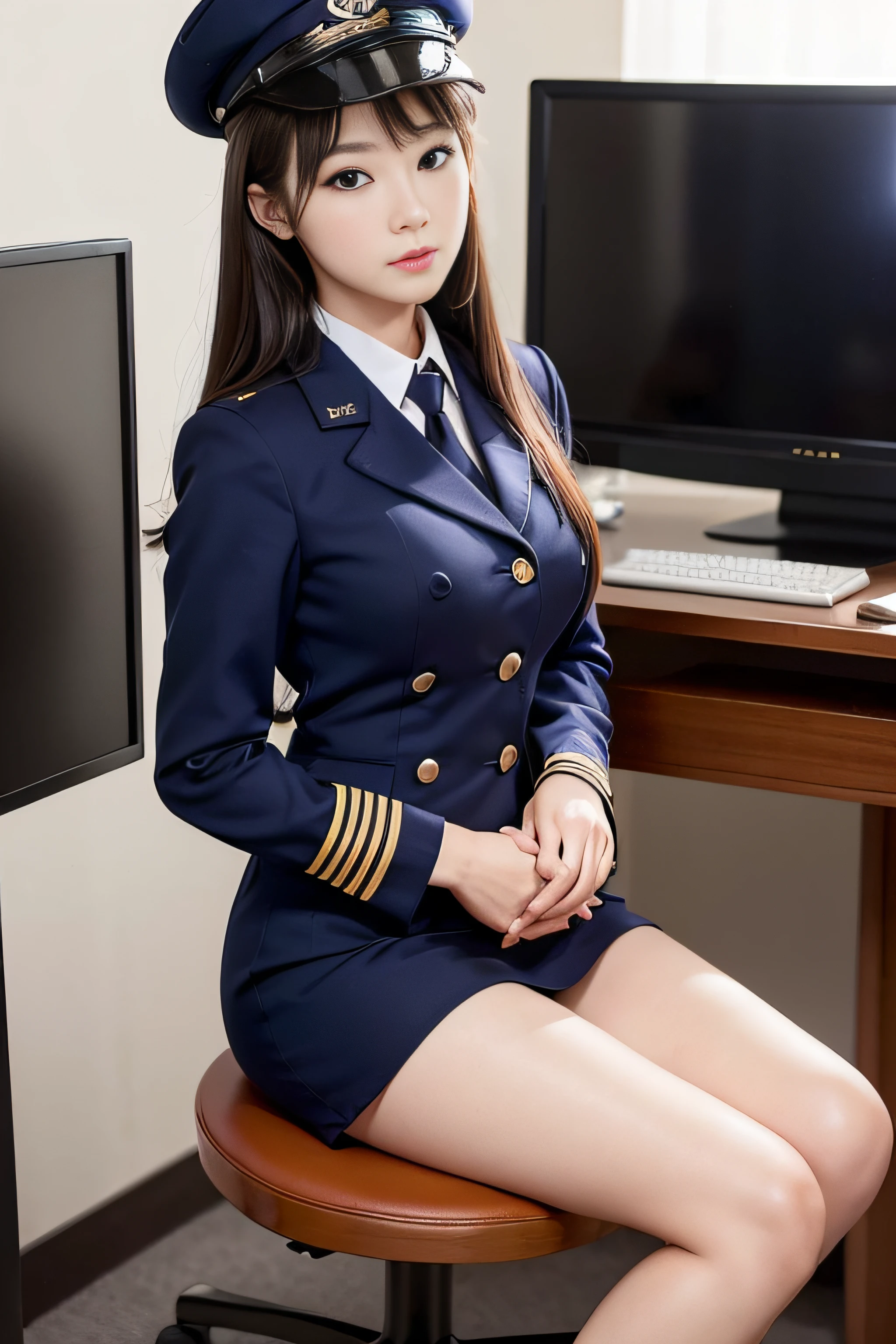 (Super beautiful)、(beauitful face:1.5)、(Navy uniform and hat)、high-heels、(Bare legs)、japanes、Sit on a chair in a conference room、personal computers、Large display、Pubic hair is dark、At SFW