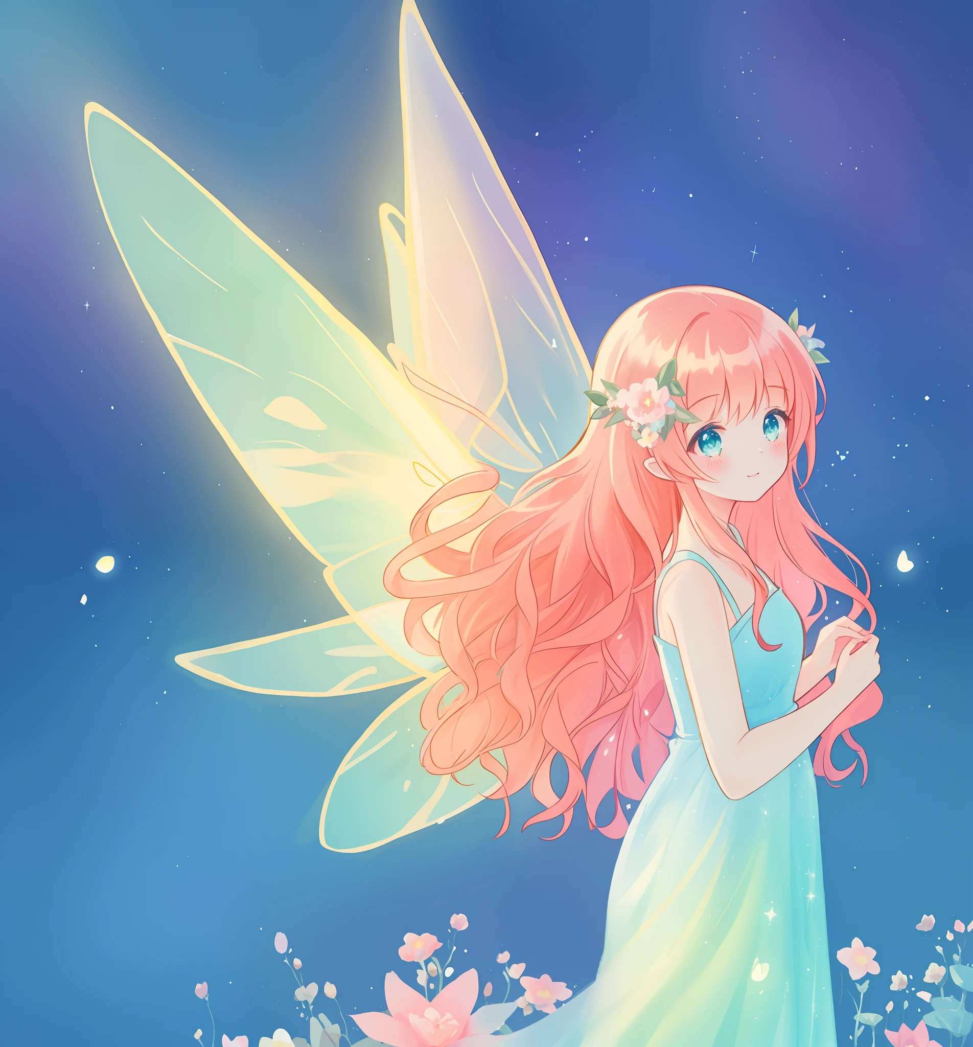 beautiful girl in flowing ballgown dress, (glowing fairy wings), glowing flowing ballgown, long wavy hair, sparkling fairy wings, watercolor illustration, flowers and colorful plants, inspired by Glen Keane, inspired by Lois van Baarle, disney art style, by Lois van Baarle, glowing aura around her, by Glen Keane, jen bartel, glowing lights! digital painting, flowing glowing hair, glowing flowing hair, beautiful digital illustration, fantasia otherworldly landscape plants flowers, beautiful, masterpiece, best quality, anime disney style