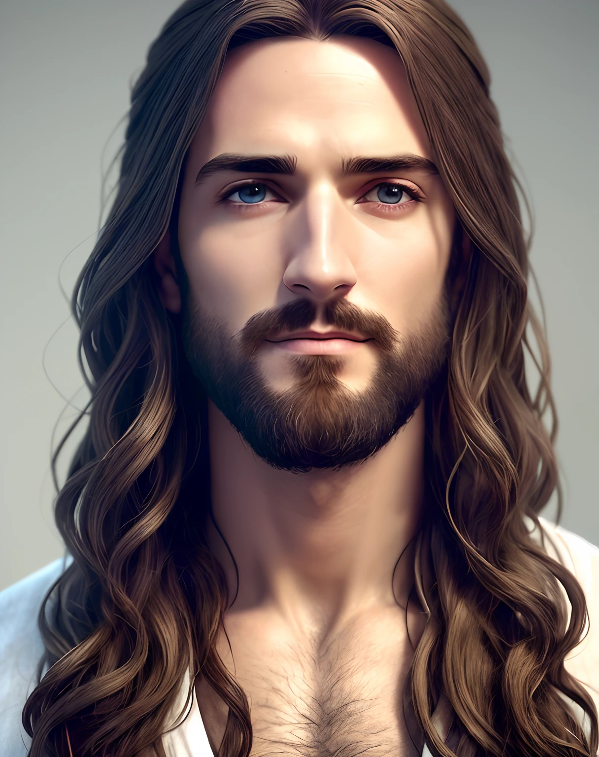 (simetria), centrado, um ((nearby)) retrato de cima, (Jesus), um homem branco muito magro, com cabelos longos e barba, wearing a long white tunic, 35mm, pele natural, detalhes de roupas, textura 8k, 8k, detalhes insanos, detalhes complexos, hiperdetalhados altamente detalhados, realistas, soft Cinematic Light, HDR, foco nítido, ((((Cinematographic look together with his friend Joãoo)))), intrincado, elegante, altamente detalhado