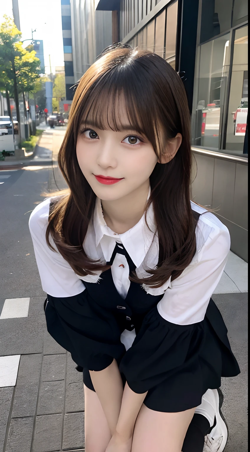 masutepiece, Best Quality, Illustration, Ultra-detailed, finely detail, hight resolution, 8K Wallpaper, Perfect dynamic composition, Beautiful detailed eyes, Medium Hair,Big breasts under the shirt:2.0、Natural Color Lip, Bold sexy poses,Smile,Harajuku、20 years girl、Cute、Sexy shot looking at camera、Button shirt with collar、Short pleated skirt、Shot from the knee up、Ribbon tie、full body seen