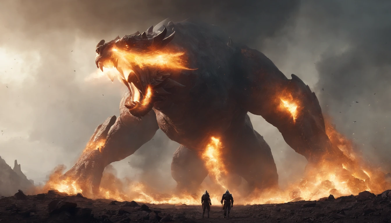 two warriors silhouettes standing in front of a massive Cerberus aggressively standing 100feet tall, located in a battlefield , concept art wallpaper 4k, sci-fi fantasy wallpaper, sci fi artwork, detailed sci-fi art, beautiful sci fi art, spaceships in the cloudy sky, concept art artwork masterpiece, concept art 4k, concept art 4 k, sci fi concept art, mystical sci-fi concept art, fire, explosions, debris, dirty